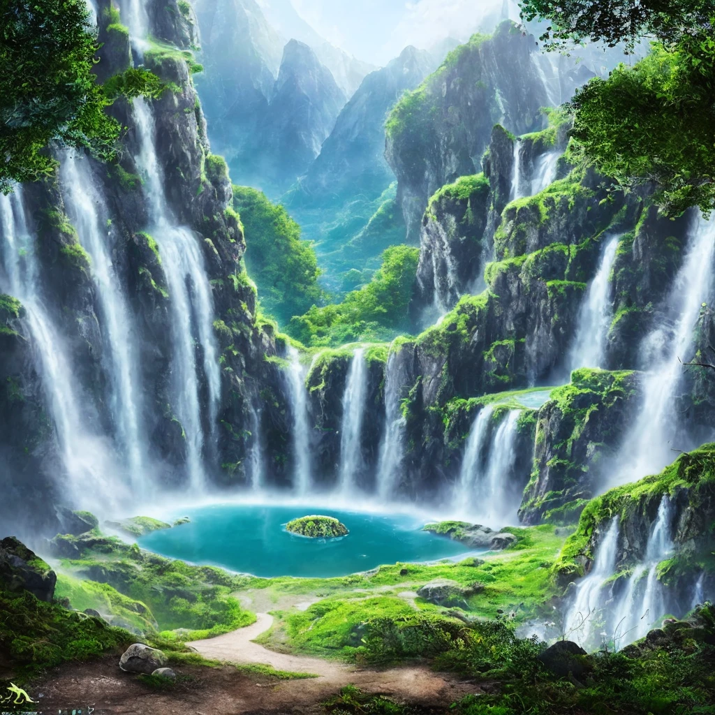There is a large circle in the middle of the mountain, epic dreamy fantasy landscape, realism, Bipur, alien waterfall, high quality fantasy stock photos, mysterious environment, gateway to another world, Artem Demula Bipur, Bipur. hyperrealism, beeple, organic 8k art photography,