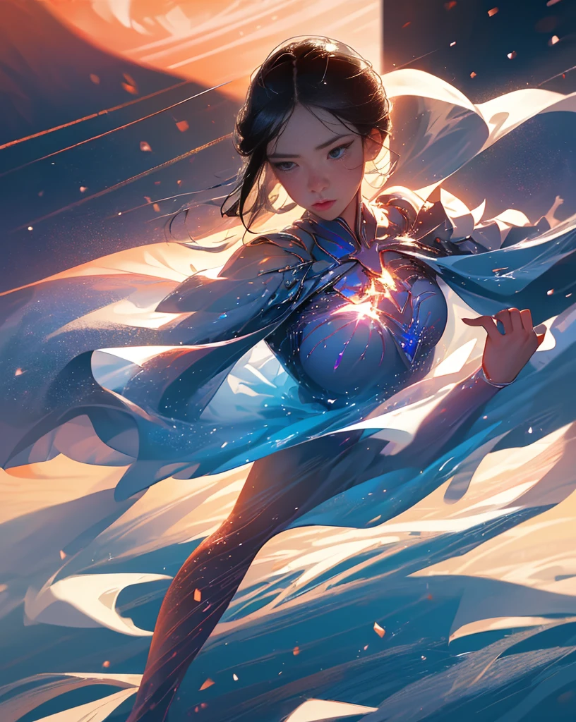 artwork of a pretty figure skater, (adult), striking, artistic composition, emotional, active, motion, particles,masterpiece,highest quality,1girl,(close up),magical,beautiful dress,motion blur,field of view