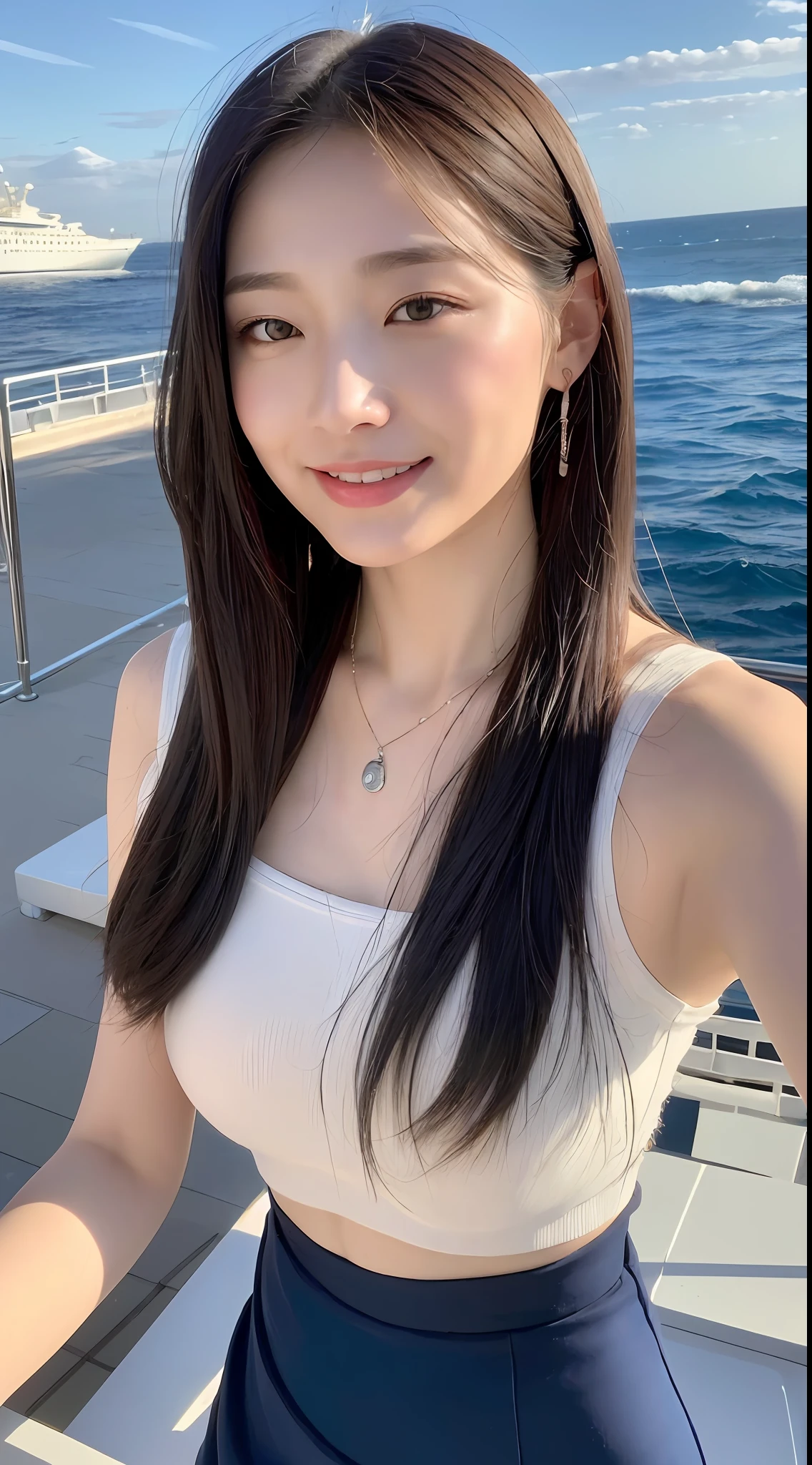 ((Best Quality, 8k, Masterpiece:1.3)), Focus: 1.2, Perfect Body Beauty: 1.4, Buttocks: 1.2, ((Delicate Long Hair)), (Hip Wrap Skirt: 1.1) , (Ship, Sea: 1.3),, Highly detailed face and skin texture, Delicate eyes, Double eyelids, Whitening skin, Smile, wearing necklaces, rings, on ships, sun on people's faces
