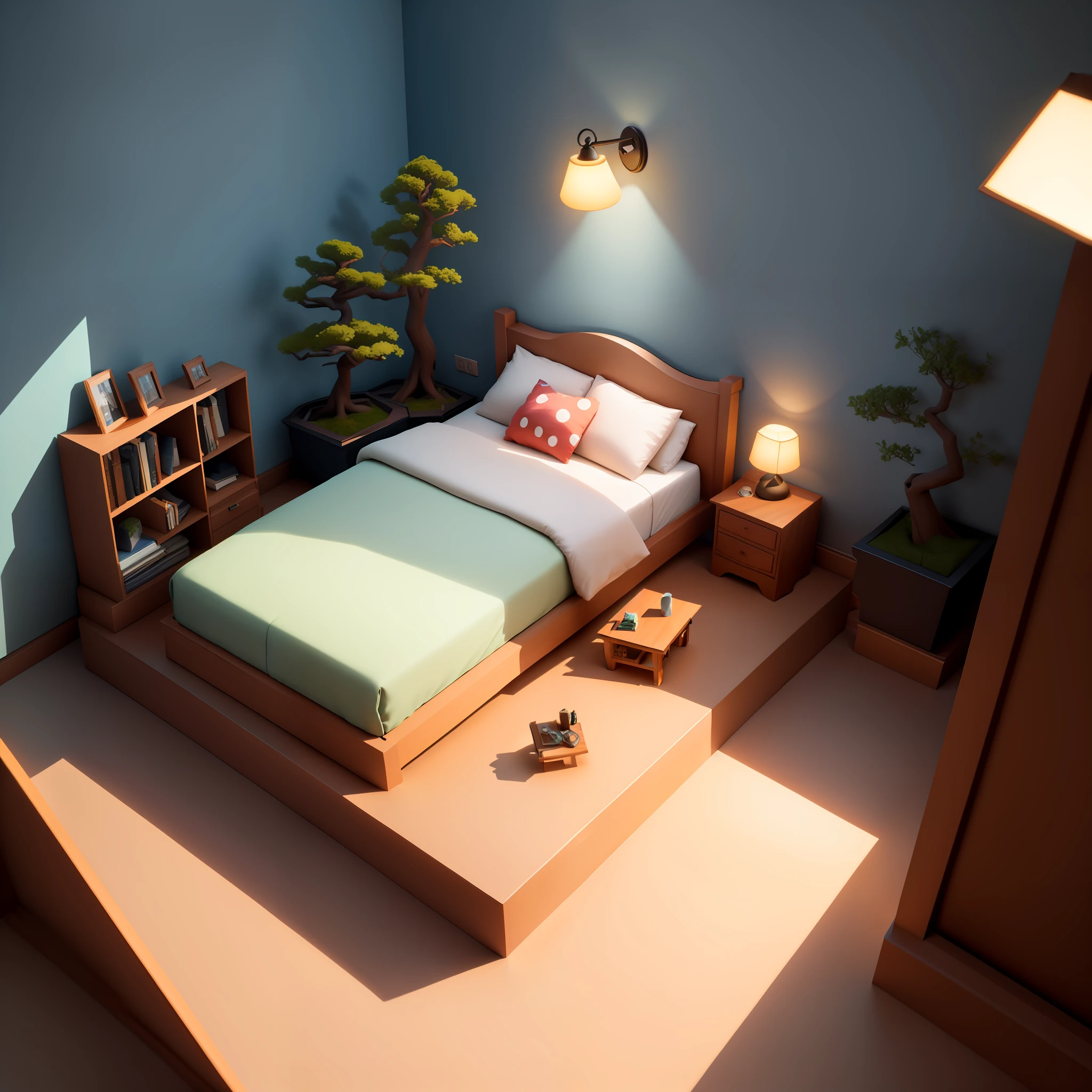 there is a bed in a room with a wooden platform, stylized 3d render, rendered in unreal, stylized as a 3d render, rendered in unreal engine, rendered in unreal engine 3d, rendered with unreal engine, 3 d render stylized, rendered in the unreal engine, 3 d stylize scene, rendered in unreal engine 6