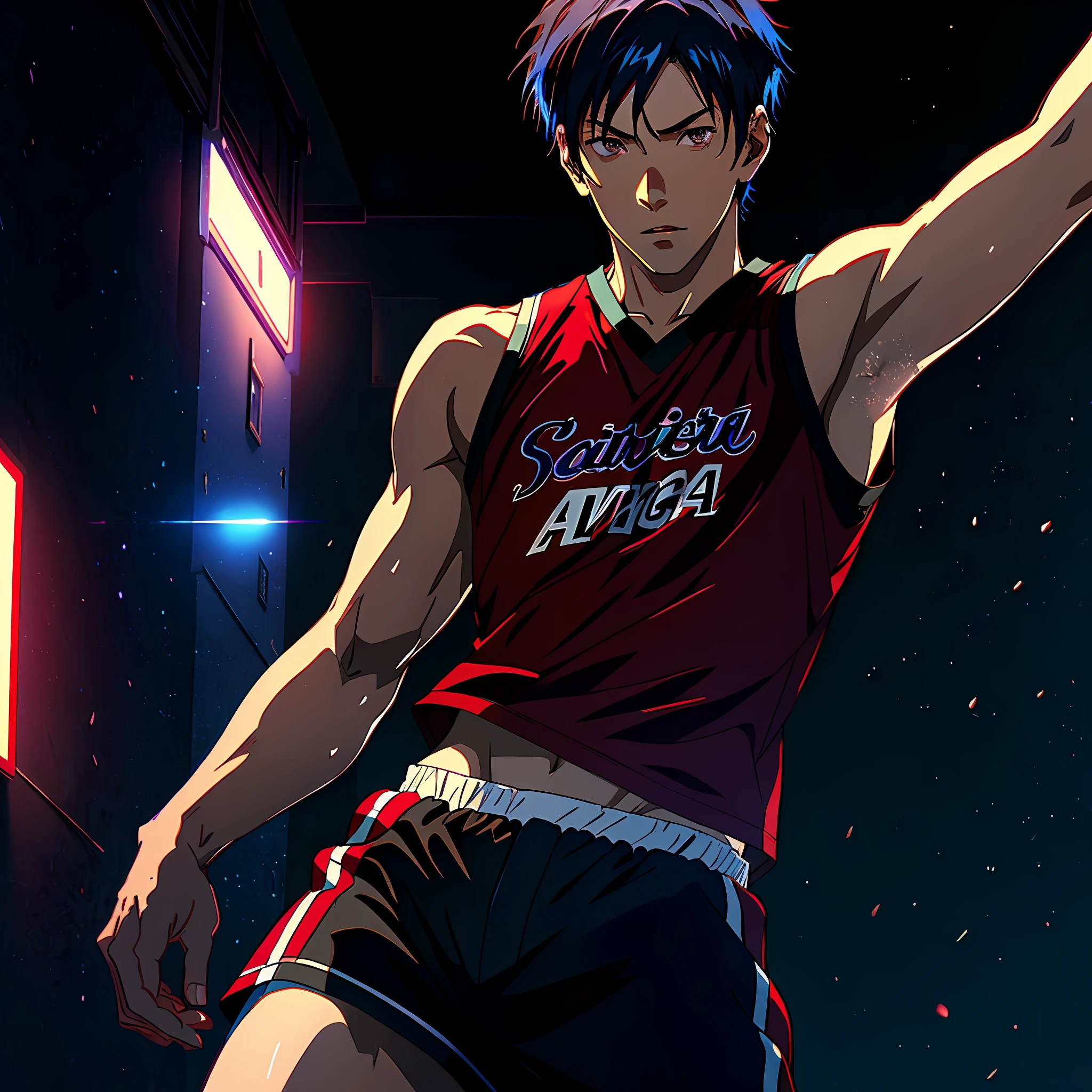 (Masterpiece,best quality:1.2),Anime boy,1boy,solo,eye glare,Aomine Daiki,black and maroon basketball uniform, dribbling pose, perfect hands,dark blue hair,dark skin,slim muscular, athletic, highest quality digital art, Stunning art, wallpaper 4k,black and red background, official art for Kuroko no baskete,8k,64k, HD, unparalleled masterpiece, dynamic lighting, cinematic, epic
