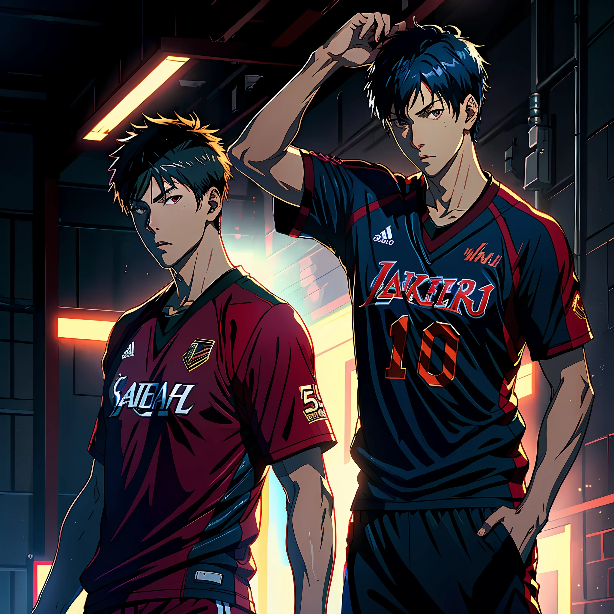 (Masterpiece,best quality:1.2),Anime boy,1boy,solo,eye glare,Aomine Daiki,black and maroon basketball uniform, dribbling pose, perfect hands,dark blue hair,dark skin,slim muscular, athletic, highest quality digital art, Stunning art, wallpaper 4k,black and red background, official art for Kuroko no baskete,8k,64k, HD, unparalleled masterpiece, dynamic lighting, cinematic, epic