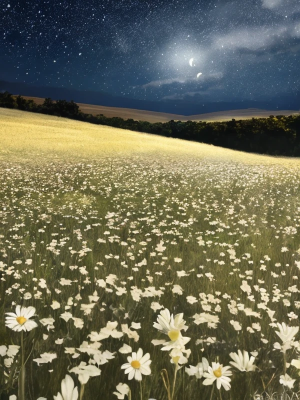 Prairie, night, starry sky, moon on the meadow