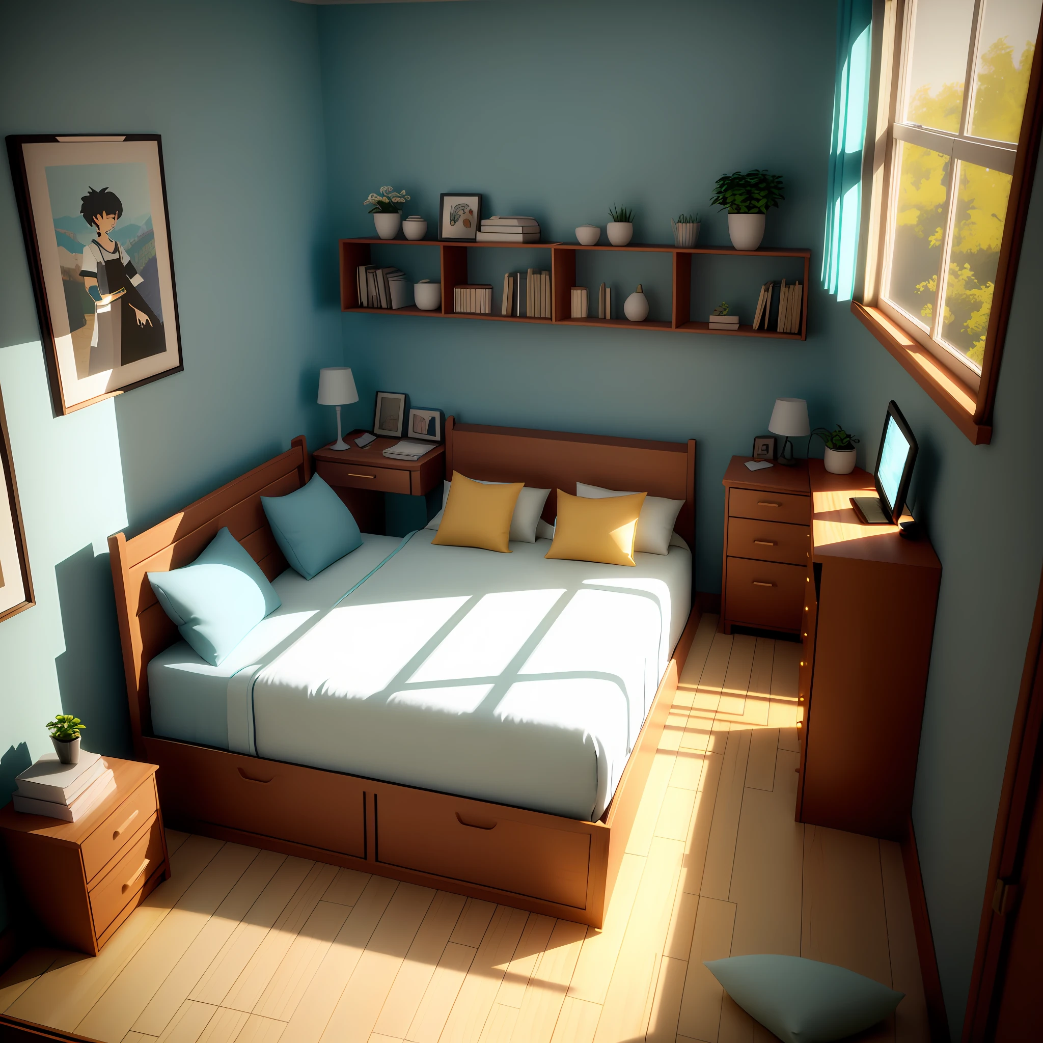 there is a small bedroom with two beds and a desk, stylized 3d render, rpg maker style bedroom, 3 d stylize scene, bedroom in studio ghibli, a sunny bedroom, 3 d render stylized, cute 3 d render, stylized as a 3d render, photorealistic room, realistic 3 d style, cozy room, rendered lighting, daily render