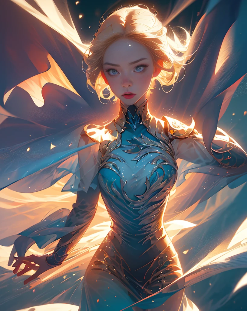 artwork of a pretty figure skater, (adult), striking, artistic composition, emotional, active, motion, particles,masterpiece,highest quality,1girl,(close up),magical,beautiful dress,motion blur,field of view,blonde,backlit,outdoors, ornate outfit