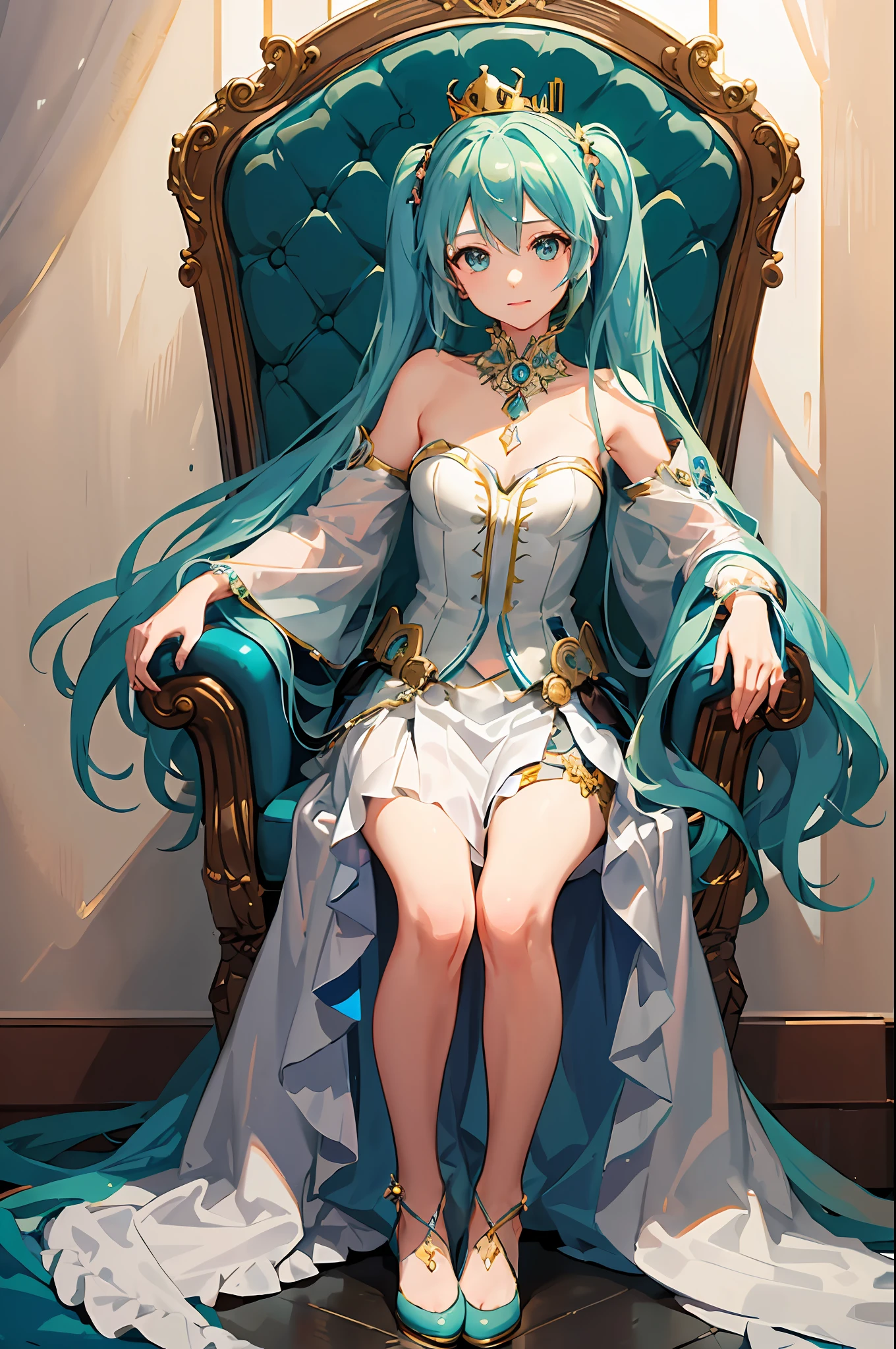 1girl, hatsune miku, princess costume, crown, golden, ((throne)), in a castle, medieval, masterpiece