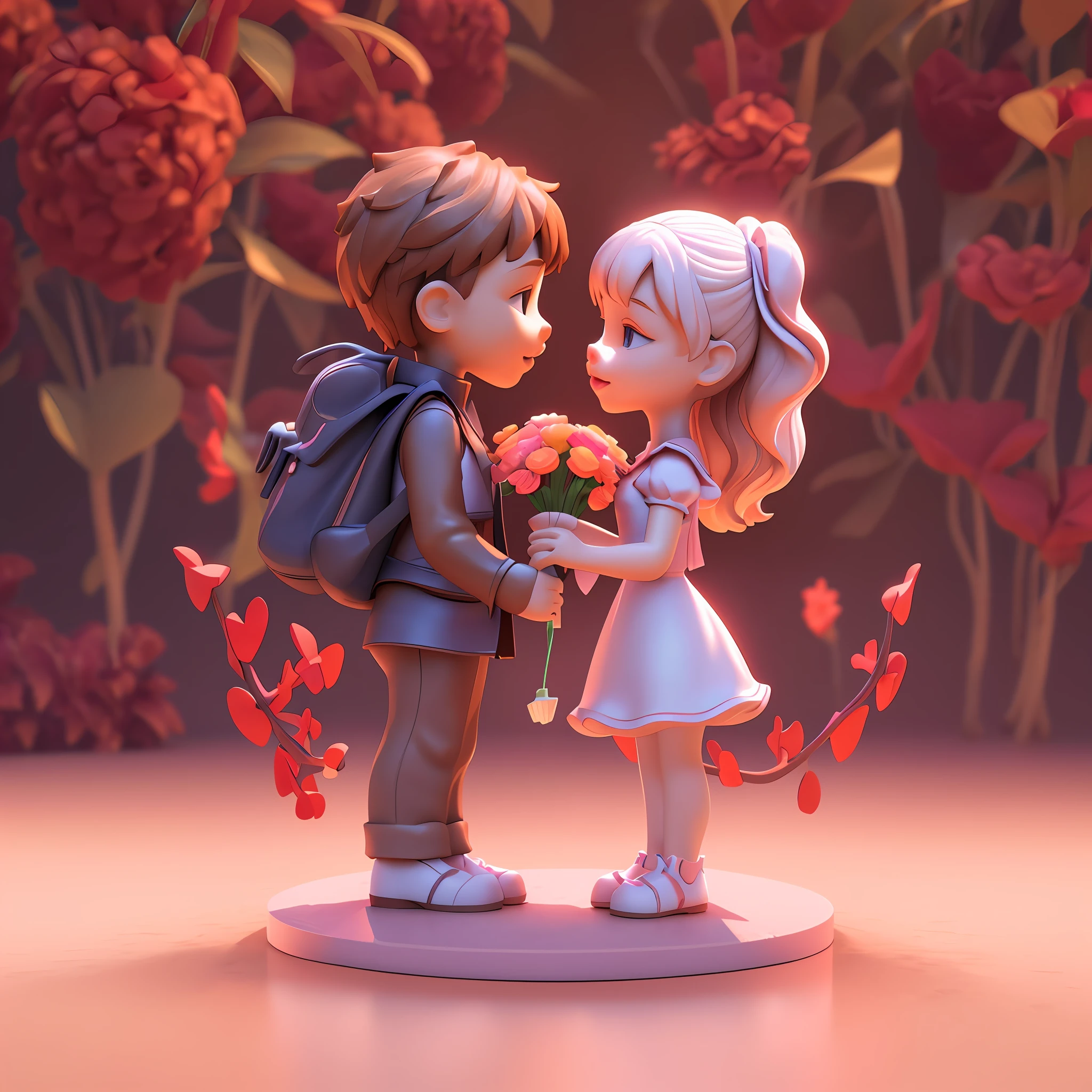 IP image, exquisite, rich details, perfect, 8k, 4k, flat style, no borders, romantic date, love, centered, boy holding flowers and girl kissing, three-dimensional, real, reality, exhibition, blind box, no print Light cute 3 D rendering, 3 D rendering stylization, 3 D illustration, 3D illustration, 3D illustration, 3D mask illustration, stylized 3D rendering, soft 3D rendering, 3D clay rendering, 3d clay rendering, 3d rendering digital art, cute digital art, 3d characters