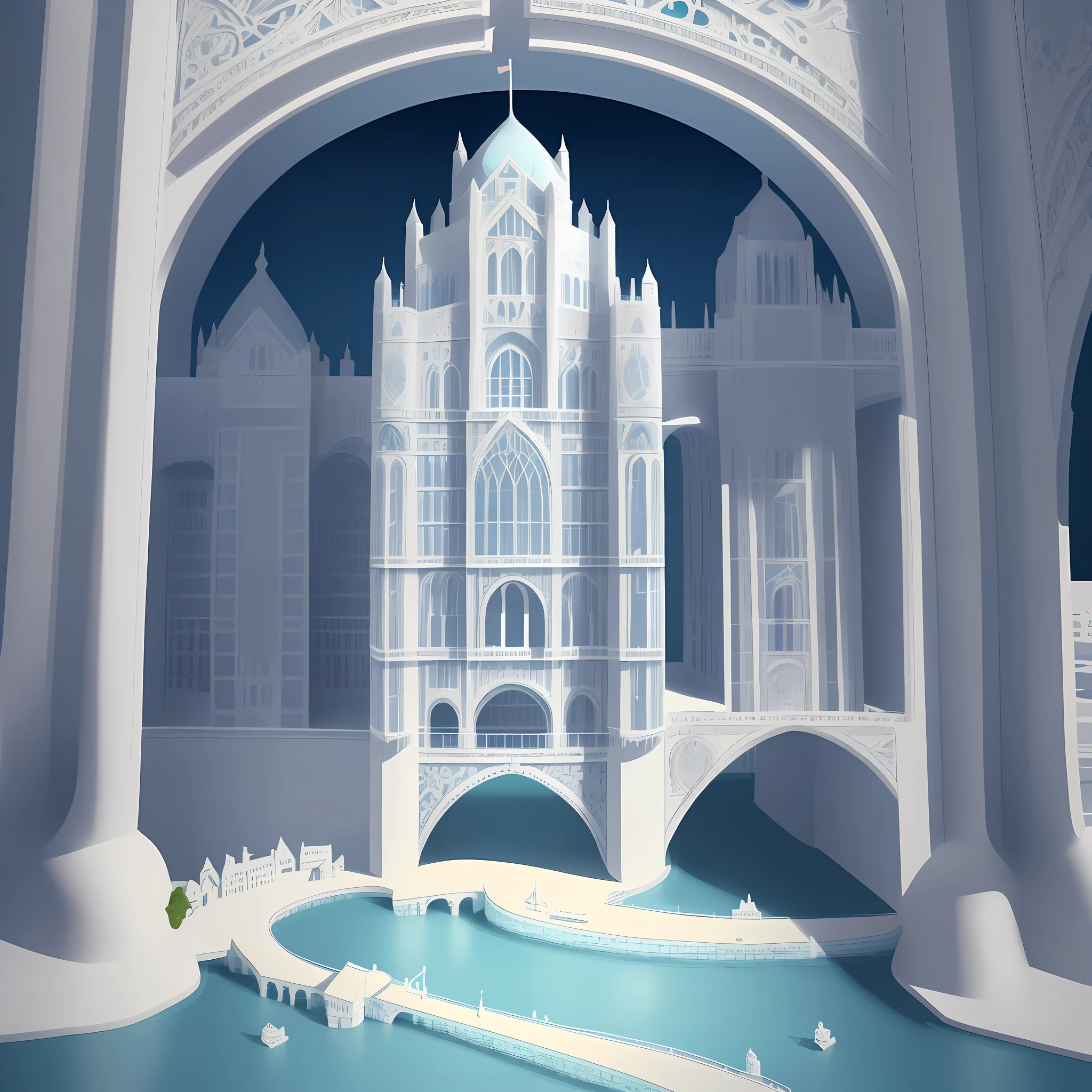 An intricate paper art style illustration of London Bridge, with a dreamy white and blue pastel color palette.