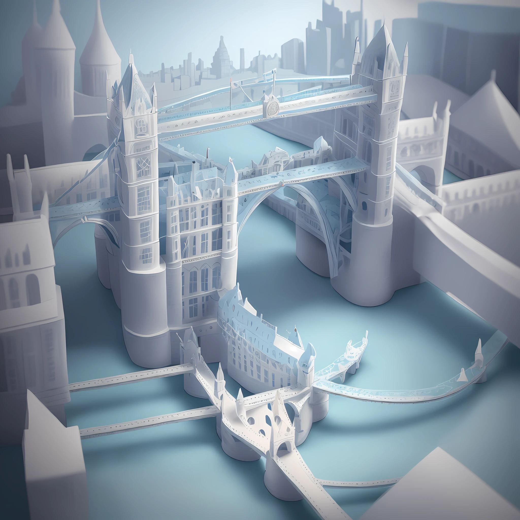 An intricate paper art style illustration of London Bridge, with a dreamy white and blue pastel color palette.
