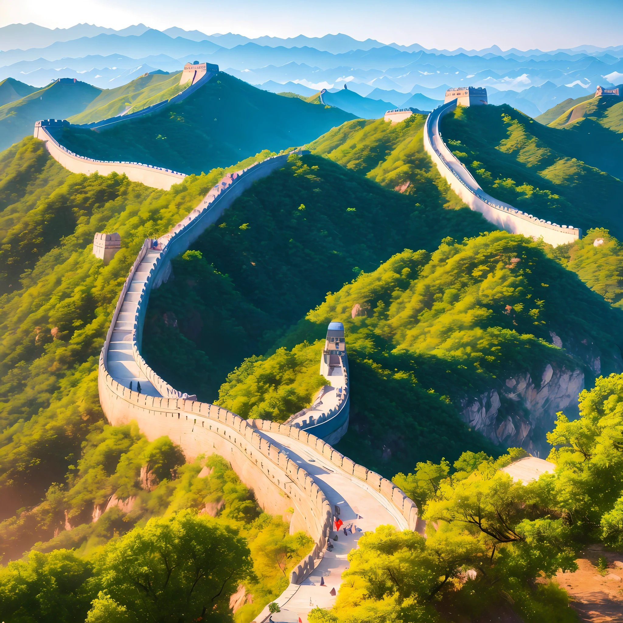 (Digital Painting), (Best Quality), Beijing, Majestic Great Wall, Best Quality, Masterpiece, High Painting, Ink Bisim, Wuchangshuo, Bonian, Zhenbanqiao, Badarshan People, Mountain Horizon, River, Forest, Village, Sunset, Popular Deviant Art, Ultra-realistic 8K, Soft Colors, Soft Lighting, Golden Hour, Calm Atmosphere, Horizontal