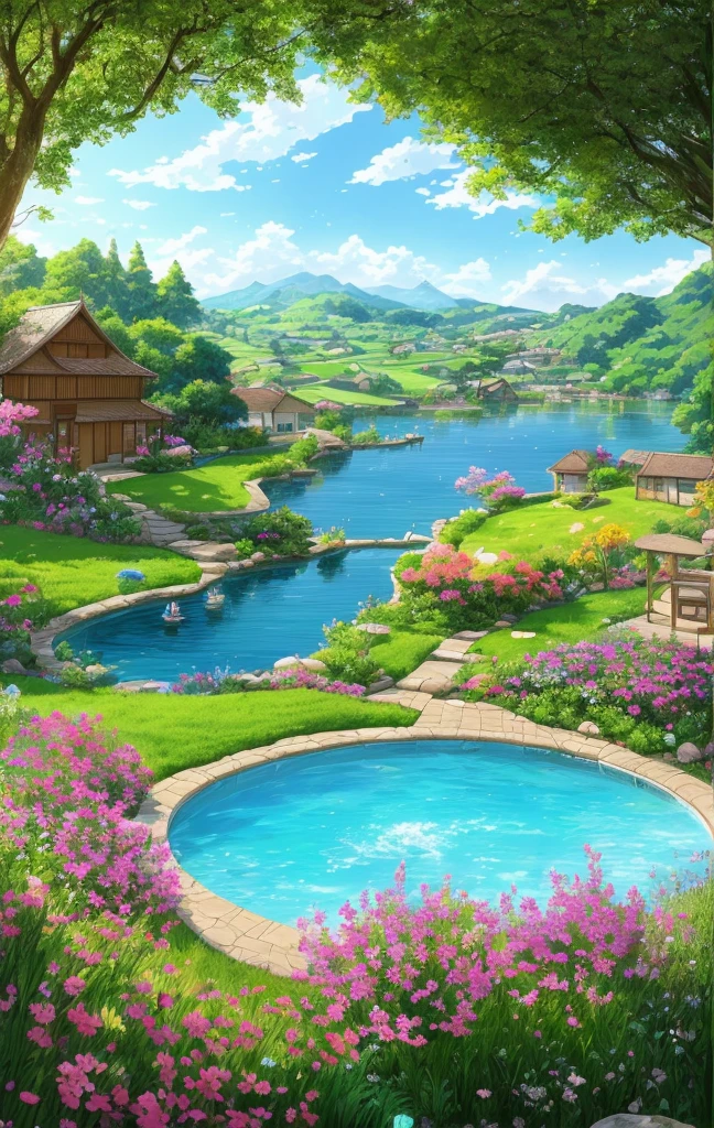 painting of a beautiful landscape with a pool and a house, anime countryside landscape, beautiful art uhd 4 k, amazing wallpaper, detailed scenery —width 672, 4k highly detailed digital art, 4 k hd wallpaper illustration, anime landscape wallpaper, scenery art detailed, beautiful wallpaper, amazing background, 4k detailed digital art, beautiful lake background, landscape wallpaper