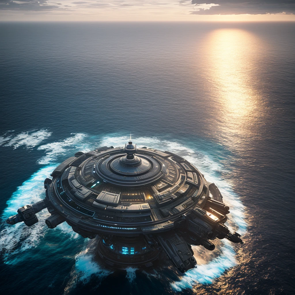 hyper realistic, sci-fi, cinematic style, large round base in the middle of the ocean, hovering, covered by glass shield, sci fi, hyper realistic, sunset, angle from high above, dramatic light, octane