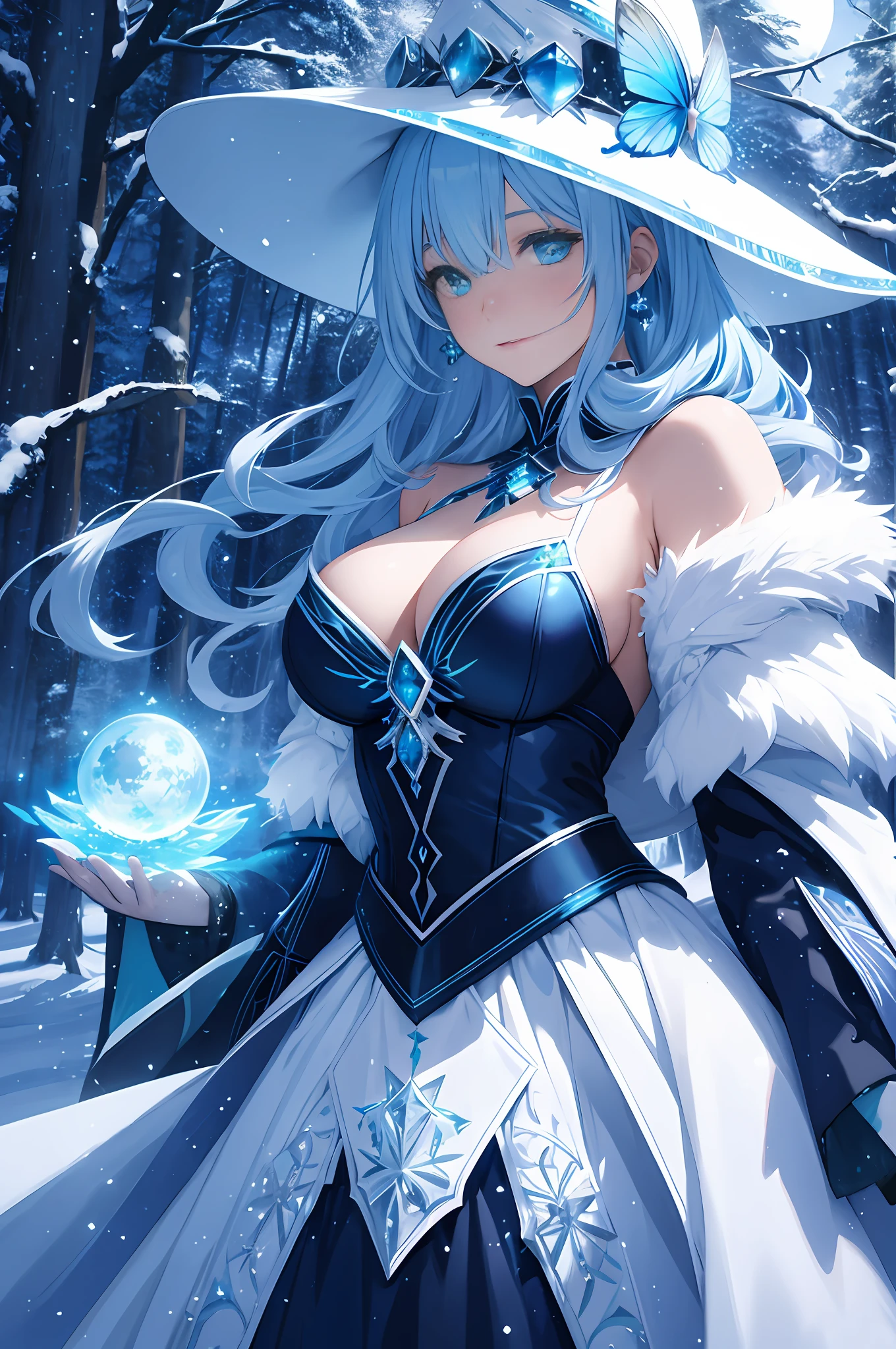 azure sorceress, celestial ice magic, snowy forest, night time, massive blue moon, moon backdrop, sapphire spellbook, ethereal, crystal butterfly, young woman, cyan eyes, snow witch robe, floating, white mystical hair, snowing, large witch hat, upper body, medium small breasts