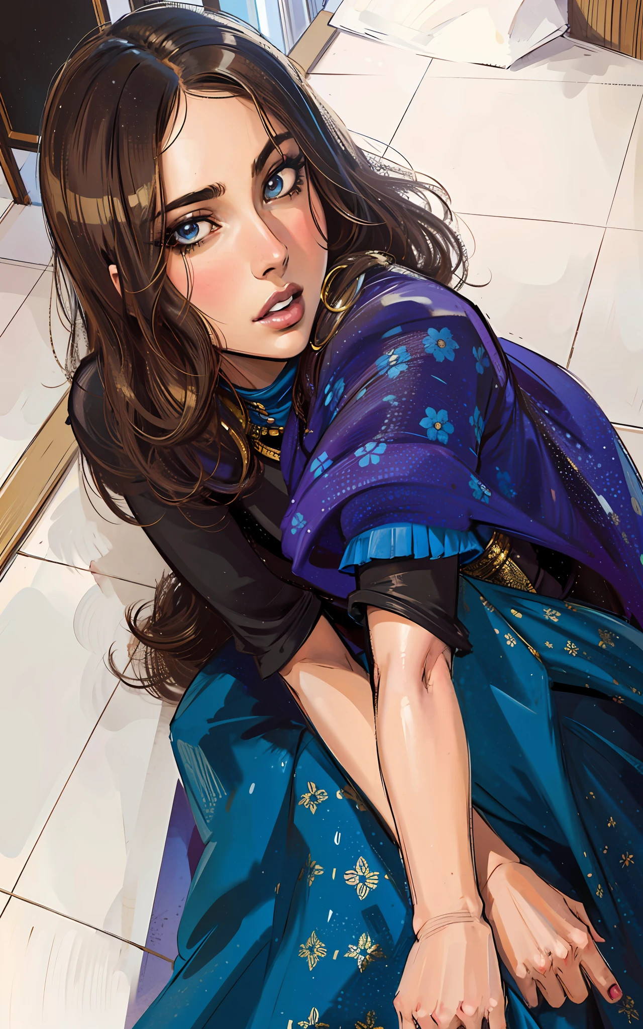 (masterpiece),(best quality:1.0), (ultra highres:1.0), detailed illustration, 8k, anime, 1girl, beautiful anime girl, sitting, view from above, wearing a sari, blue sari pretty face, detailed face, beautiful eyes, detailed eyes, dark brown eyes, pretty lips, beautiful stylish hair, highlights in hair, anime style, best quality, vibrant