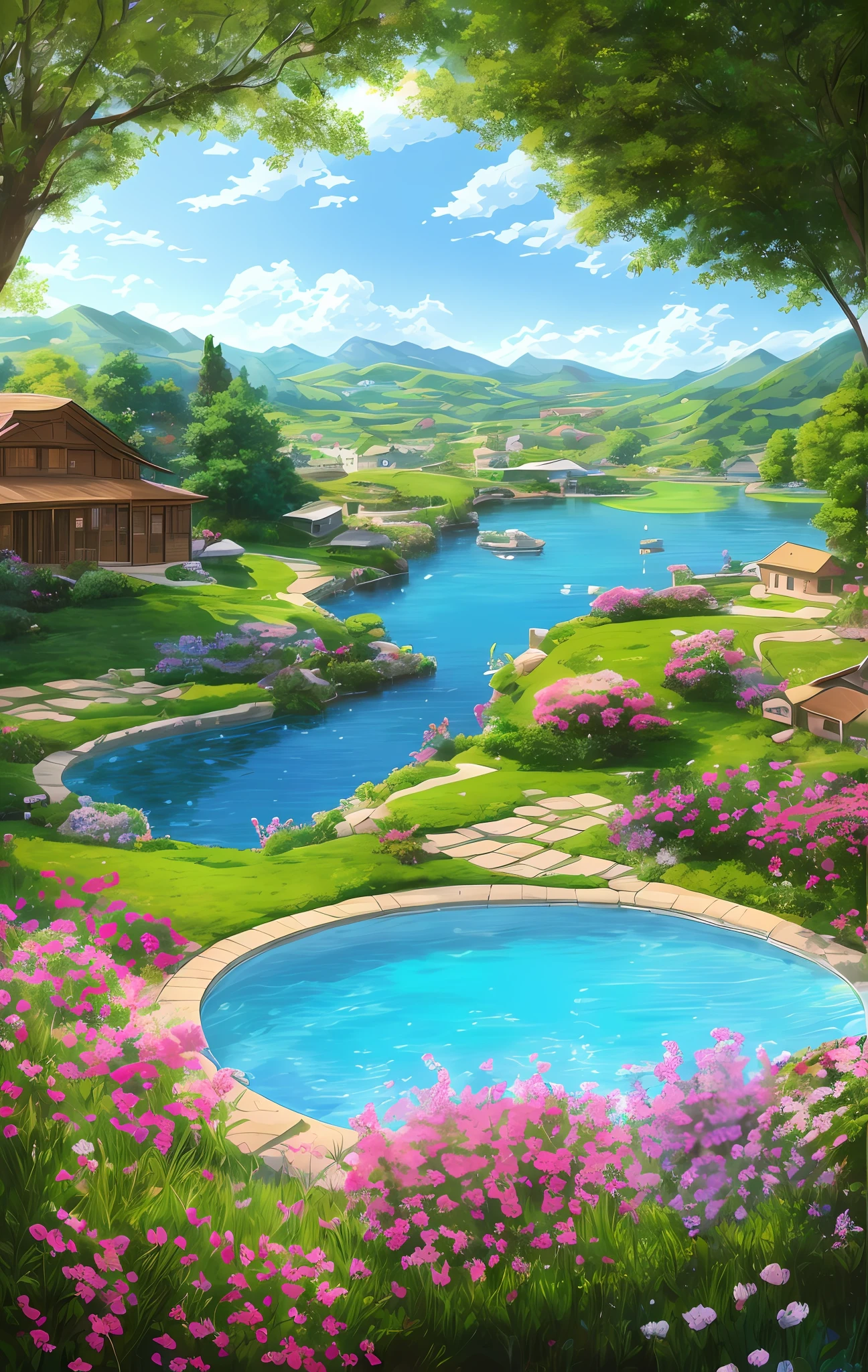 painting of a beautiful landscape with a pool and a house, anime countryside landscape, beautiful art uhd 4 k, amazing wallpaper, detailed scenery —width 672, 4k highly detailed digital art, 4 k hd wallpaper illustration, anime landscape wallpaper, scenery art detailed, beautiful wallpaper, amazing background, 4k detailed digital art, beautiful lake background, landscape wallpaper