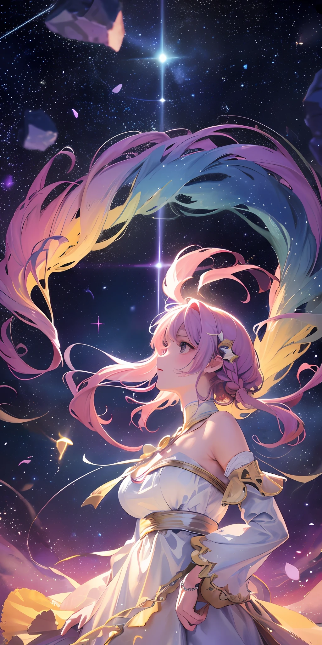 High detail, super detail, super high resolution, girl enjoying her time in the dreamy galaxy, surrounded by stars, warm light sprinkled on her, background with starry sky with colorful galaxies and galactic clouds, stars flying around her, adding a playful atmosphere ,--v6