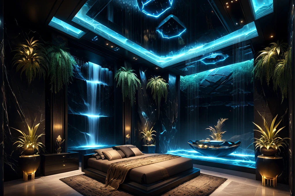 incredible black luxurious futuristic bedroom interior in Ancient Egyptian style with many ((lush plants)) (lotus flowers), ((palm trees)), rocky walls, (sand), ((waterfalls)) (marble), ((precious minerals)), ((metals)), (gemstones), crystals, clouds and (water), futuristic luxury furniture, ((plants made out of gemstones and precious minerals)), crocodiles, (hieroglyphics), (((ultra luxury))), (black marble) – with ((beautiful lights)), Unreal Engine, HQ, 16k