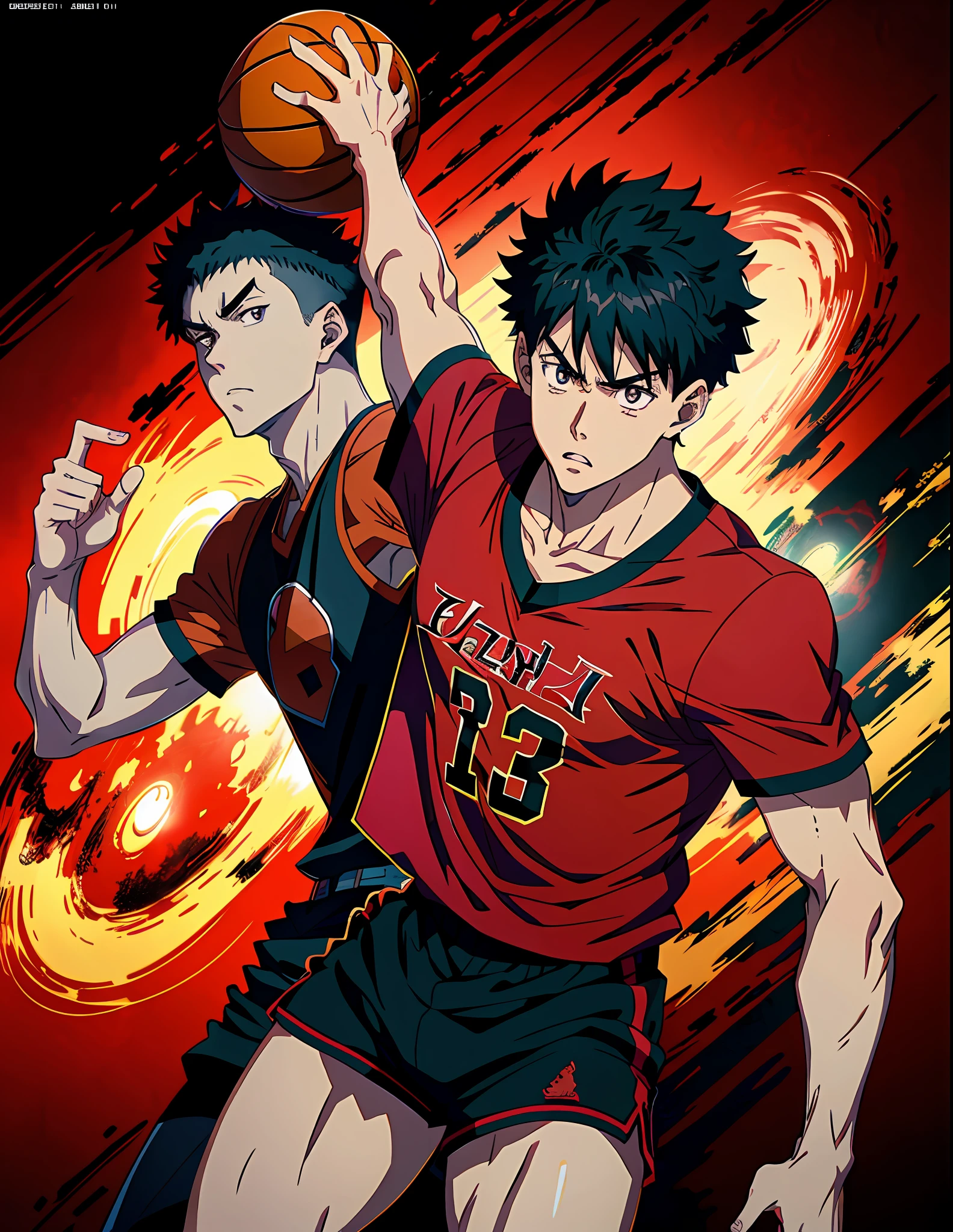anime character in a red shirt and black shorts holding a basketball ball, badass anime 8 k, scence of slam dunk, anime style 4 k, kentaro miura art style, 4 k manga wallpaper, high quality anime artstyle, 4k anime wallpaper, official anime still, makoto kano, handsome anime pose, epic 8 k hd anime shot, slam dunk