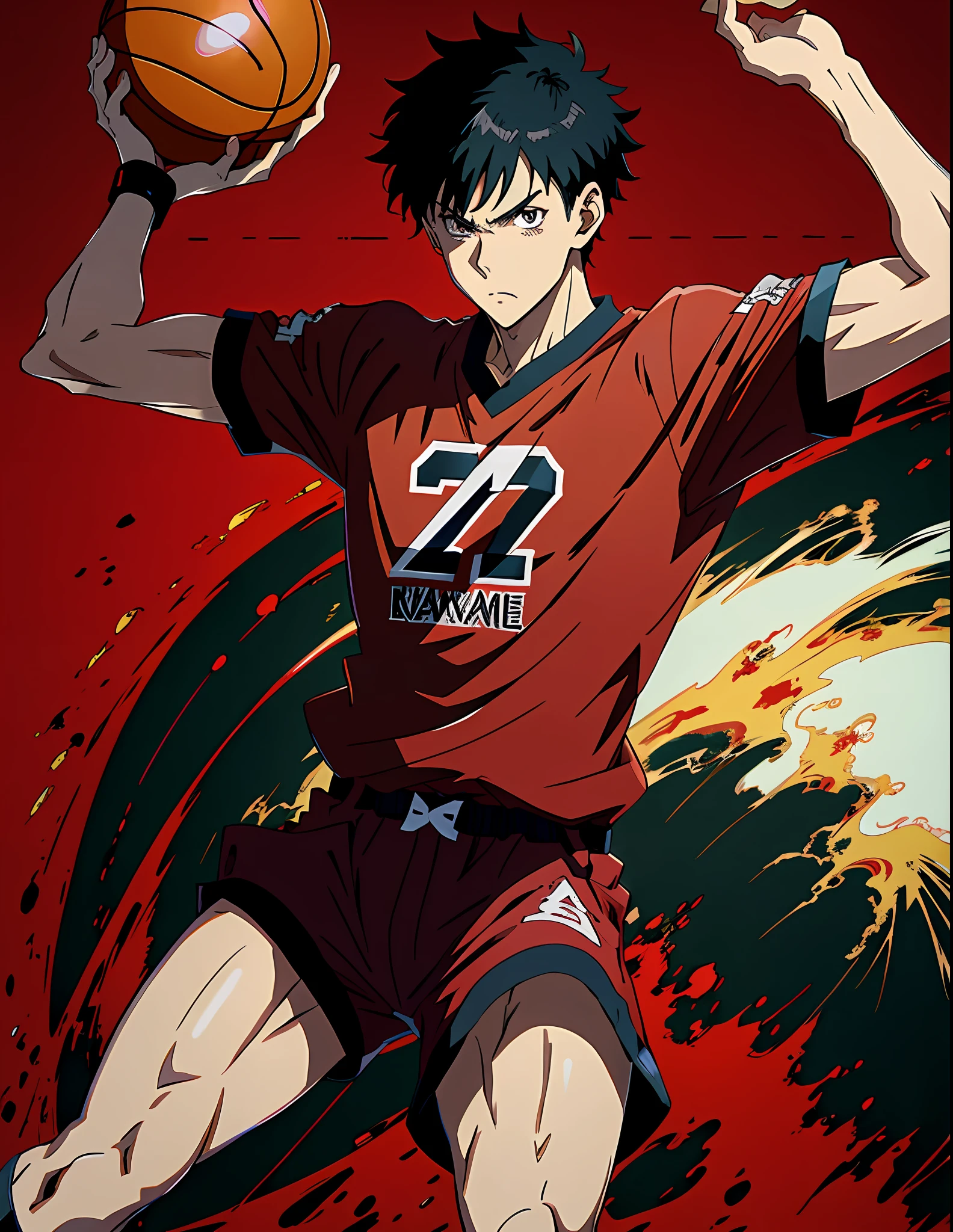 anime character in a red shirt and black shorts holding a basketball ball, badass anime 8 k, scence of slam dunk, anime style 4 k, kentaro miura art style, 4 k manga wallpaper, high quality anime artstyle, 4k anime wallpaper, official anime still, makoto kano, handsome anime pose, epic 8 k hd anime shot, slam dunk