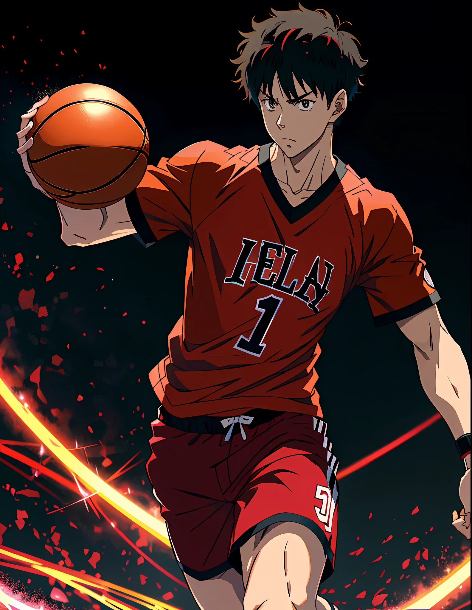 anime character in a red shirt and black shorts holding a basketball ball, badass anime 8 k, scence of slam dunk, anime style 4 k, kentaro miura art style, 4 k manga wallpaper, high quality anime artstyle, 4k anime wallpaper, official anime still, makoto kano, handsome anime pose, epic 8 k hd anime shot, slam dunk