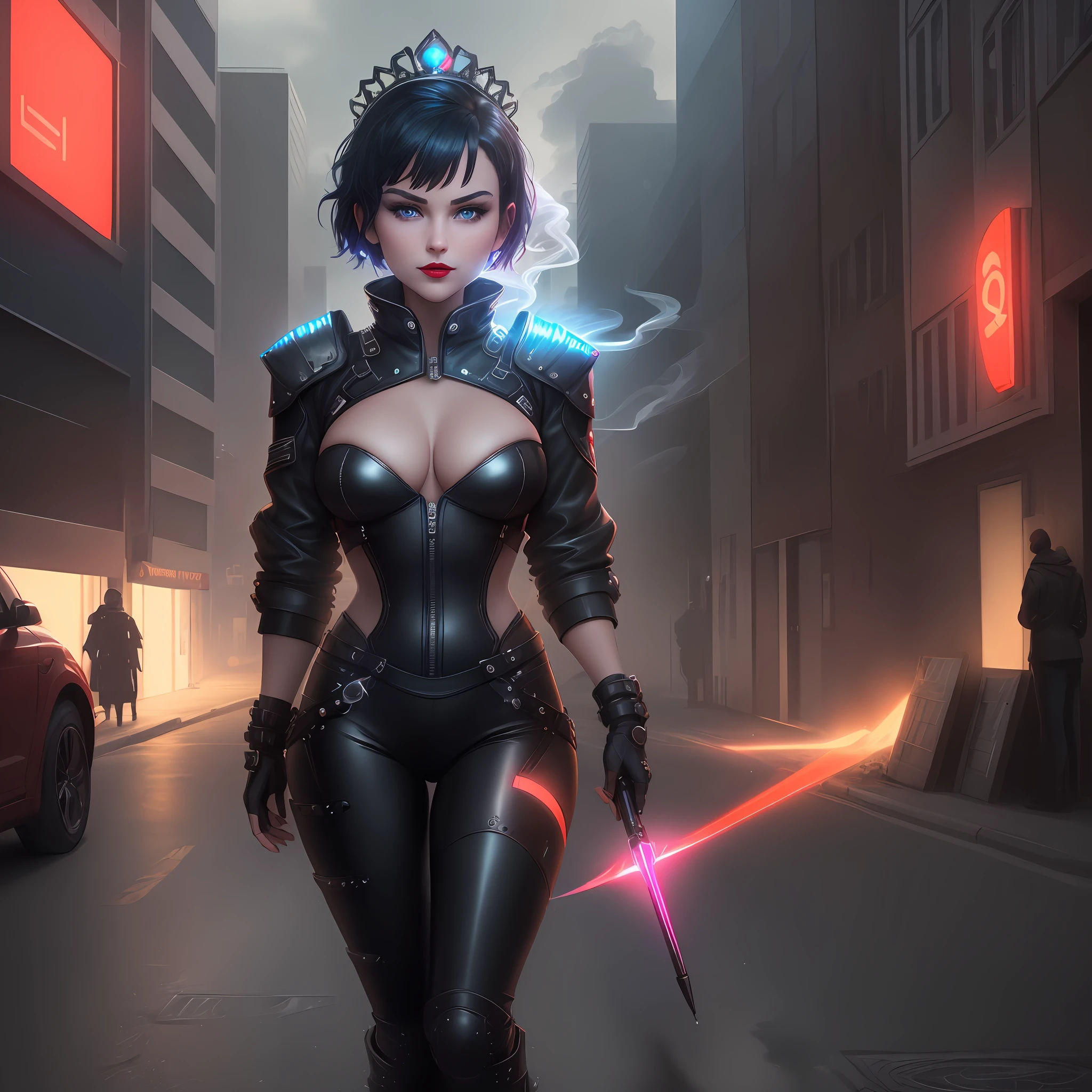 (extremely detailed CG unity 8k wallpaper, masterpiece, best quality, ultra-detailed), (high saturation, best illumination, best shadow), floating, dynamic angle,

[(1girl), (blue eyes, short hair, red lips, confident smile), black leather jacket, black pants, high heels, (badass attitude:1.2|arrogant attitude:1.1), (queen of karma:1.3), (offensive attitude of superiority: 1.4), looking down on viewer],

[ :(graffiti, urban cityscape, neon lights, smoke, edgy atmosphere): 0.8]