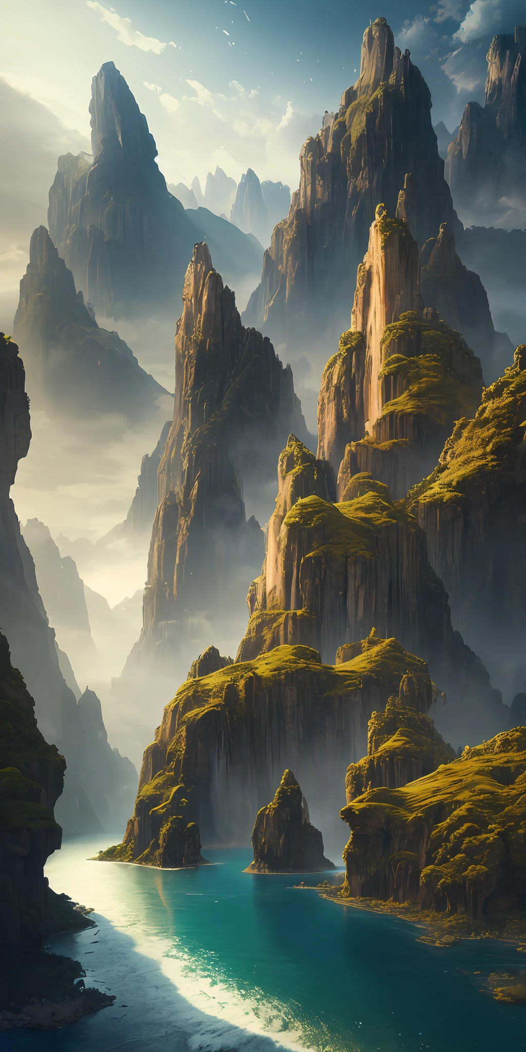 Masterpiece, best quality, high quality, extremely detailed CG unity 8k wallpaper, landscape, outdoor, sky, cloud, sky, no humans, mountain, landscape, water, tree, blue sky, waterfall, cliff, nature, lake, river , cloudy skies, award winning photography, bokeh, depth of field, HDR, bloom, chromatic aberration, photorealism, very detailed, trending on artstation, trending on CGsociety, intricate, high detail, dramatic, midjourney art