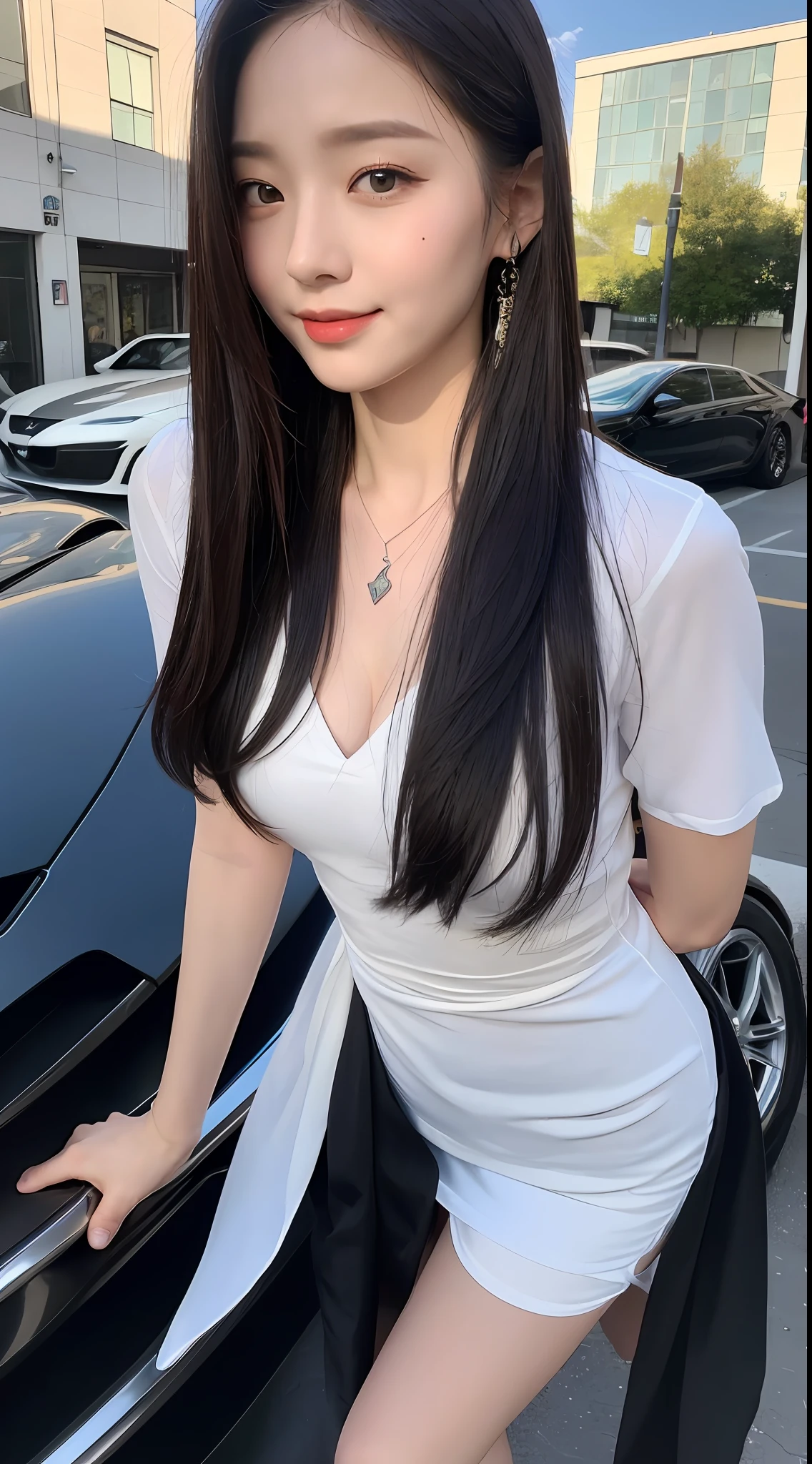 ((Best Quality, 8k, Masterpiece:1.3)), Focus:1.2, Perfect Body Beauty:1.4, Buttocks:1.2, ((Delicate Long Hair)), (JK Clothing Black Silk:1.1) , (Sports car, street: 1.3), Highly detailed face and skin texture, Fine eyes, Double eyelids, Whitening skin, Smile, wearing necklace, ring, next to the morning sports car,