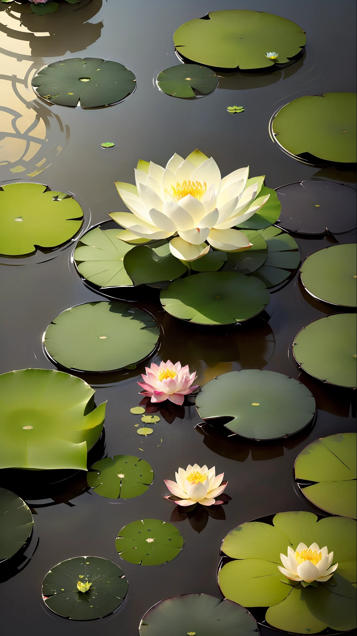 A masterpiece, exquisite. Deep in the lotus pond (colorful, vivid, sunshine, cool light: 1.2), there are a few lotus leaves in the pond. The lotus leaves have a clear texture. At night, a frog on a lotus leaf, a firefly, leave a blank