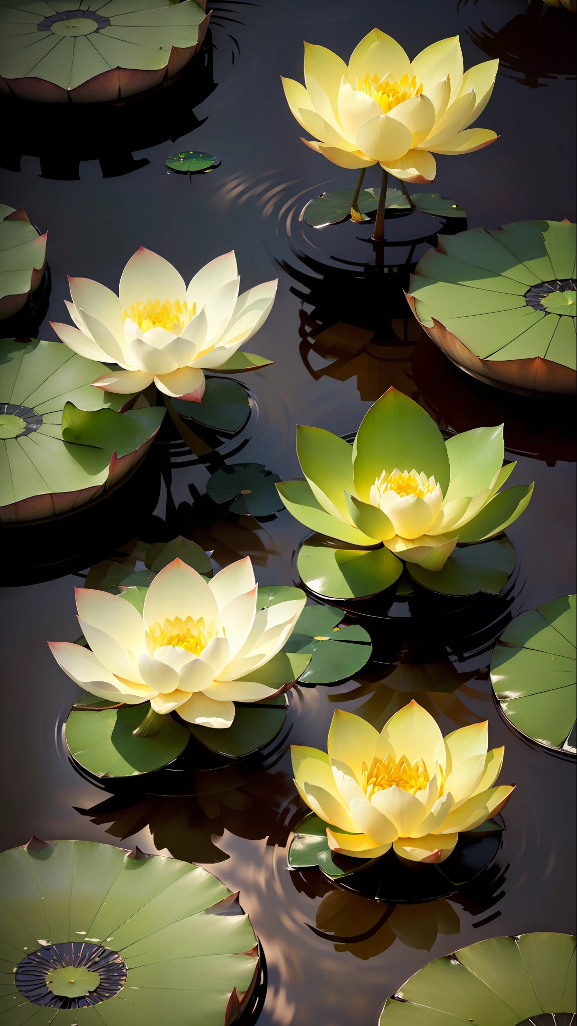 A masterpiece, exquisite. Deep in the lotus pond (colorful, vivid, sunshine, cool light: 1.2), there are a few lotus leaves in the pond. The lotus leaves have a clear texture. At night, a frog on a lotus leaf, a firefly, leave a blank