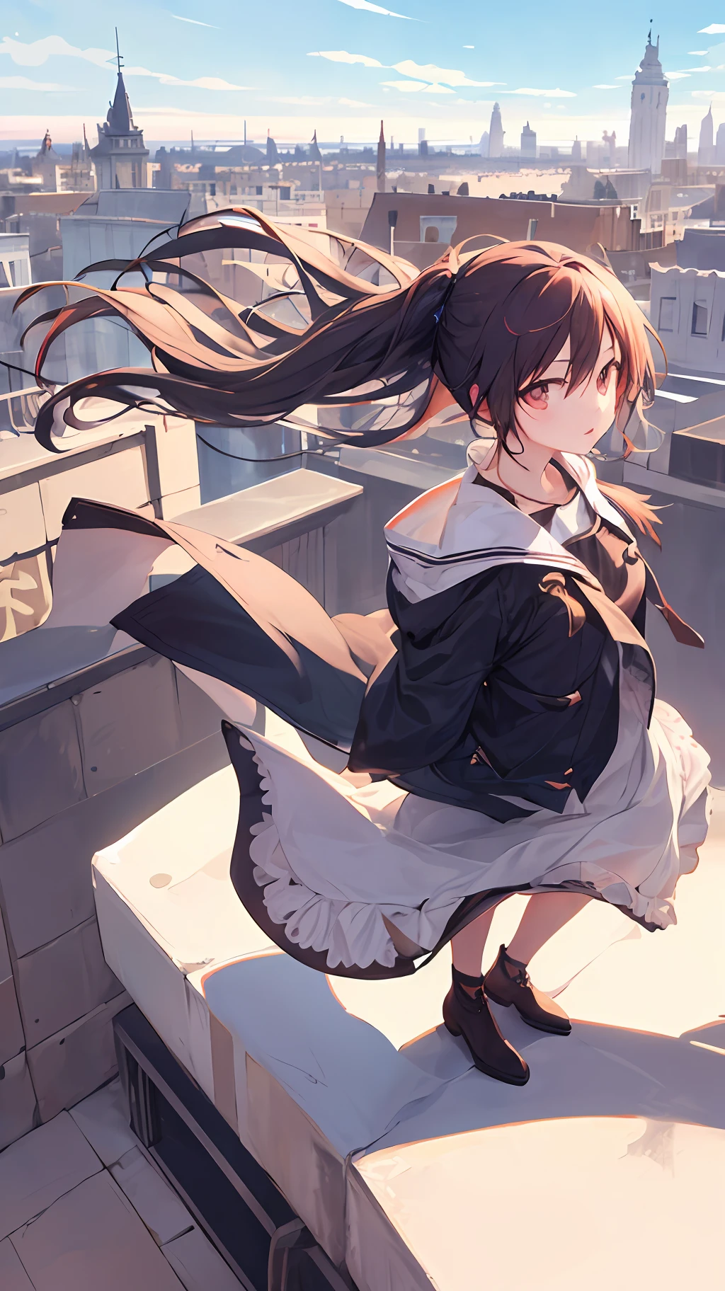 1girl, beautiful clothing, rooftop, cityscape, beautiful sky, blowing wind