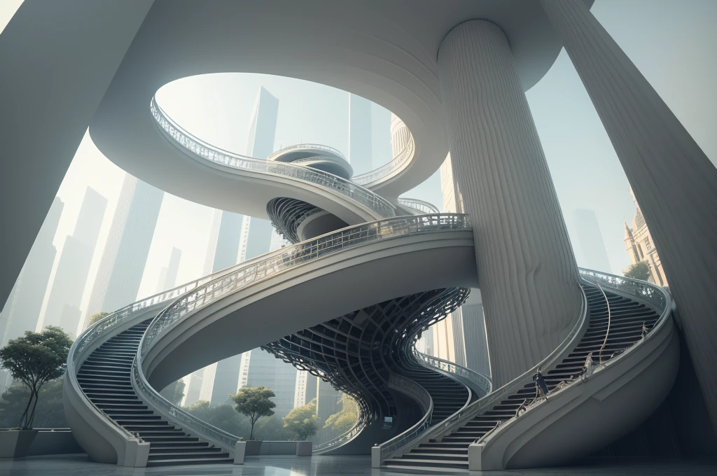 A masterpiece, of high quality, the building looks like a huge twisted ribbon that curves and wraps around itself. It is made of glass and steel and reflects the light and surrounding scenery. It has no windows or doors, only openings leading to different levels and sections. It is a masterpiece of architecture and engineering, an amazing example of creativity and innovation, with buildings like cobwebs, ant's nest-like stairs.