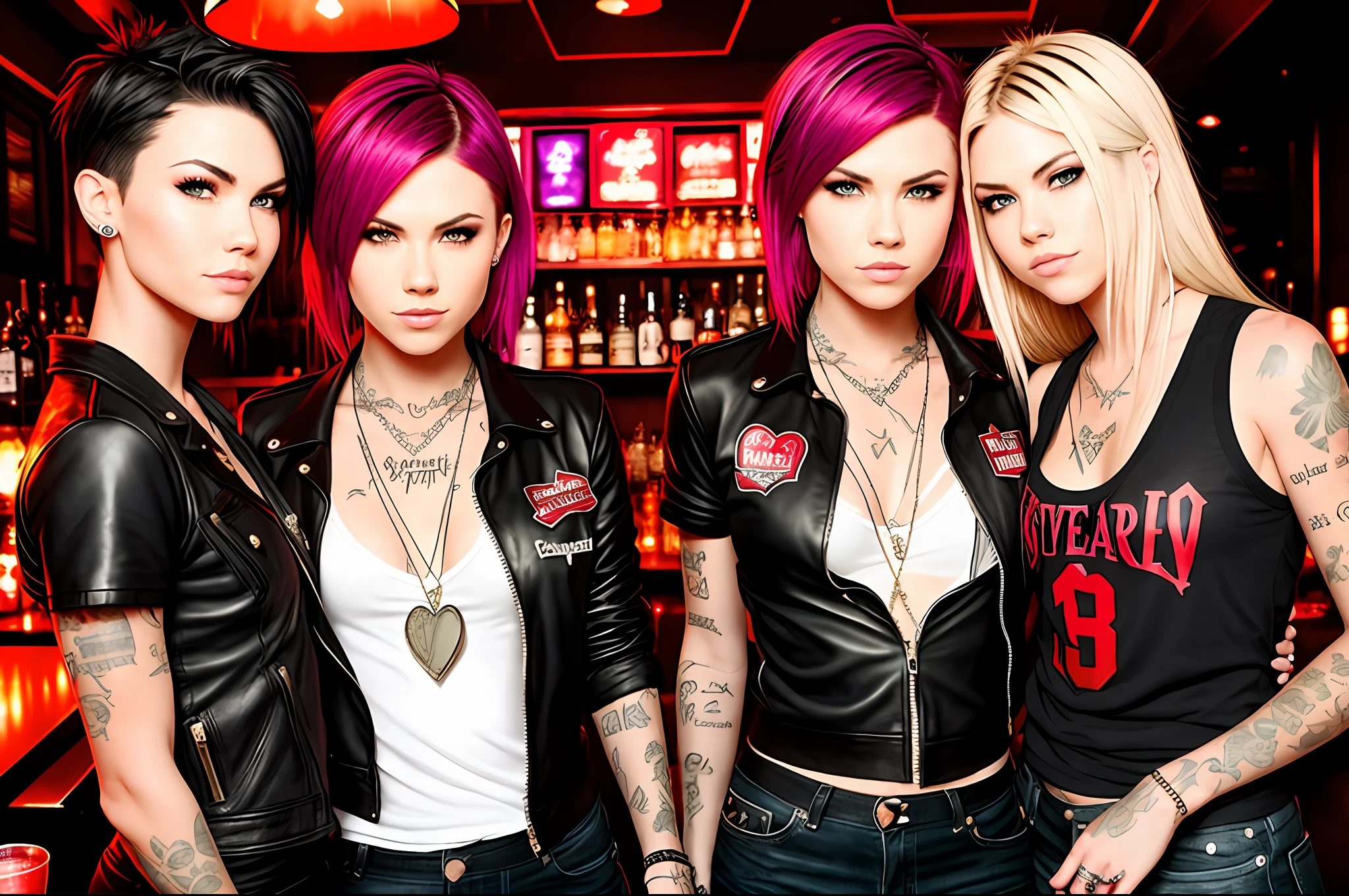 Ruby rose with avril lavigne, lesbian couple, hot, super realistic, romantic vibes, bar aesthetic, full hd, holding and flirting