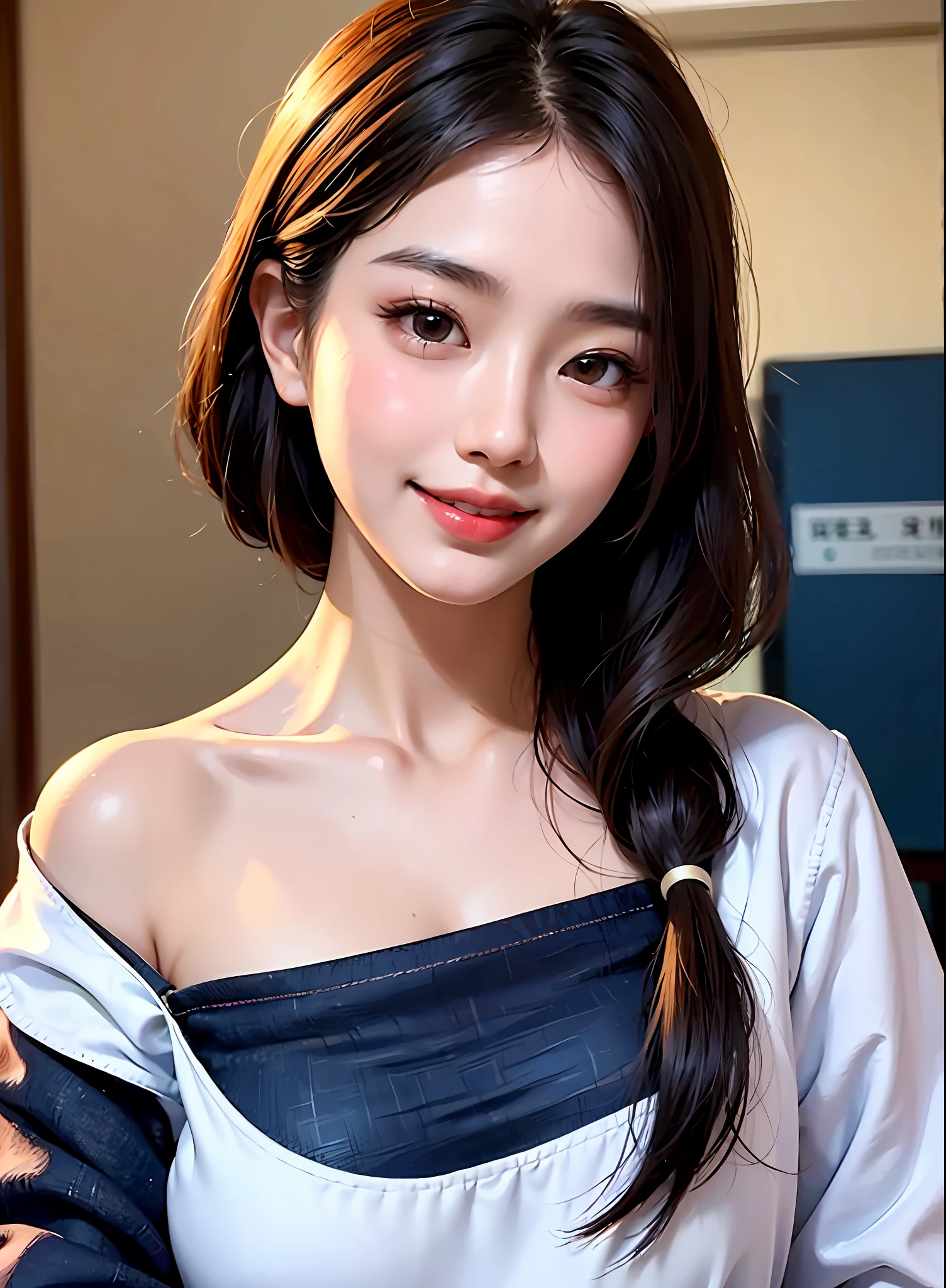 korean woman, (masterpiece, pretty person, polluted smile), virtual youtube, detailed skin texture, detailed cloth texture, beautifully detailed face, masterpiece, collarbone,