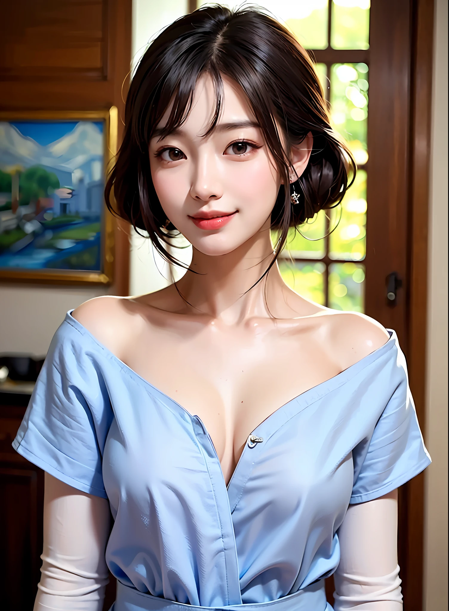 korean woman, (masterpiece, pretty person, polluted smile), virtual youtube, detailed skin texture, detailed cloth texture, beautifully detailed face, masterpiece, collarbone,