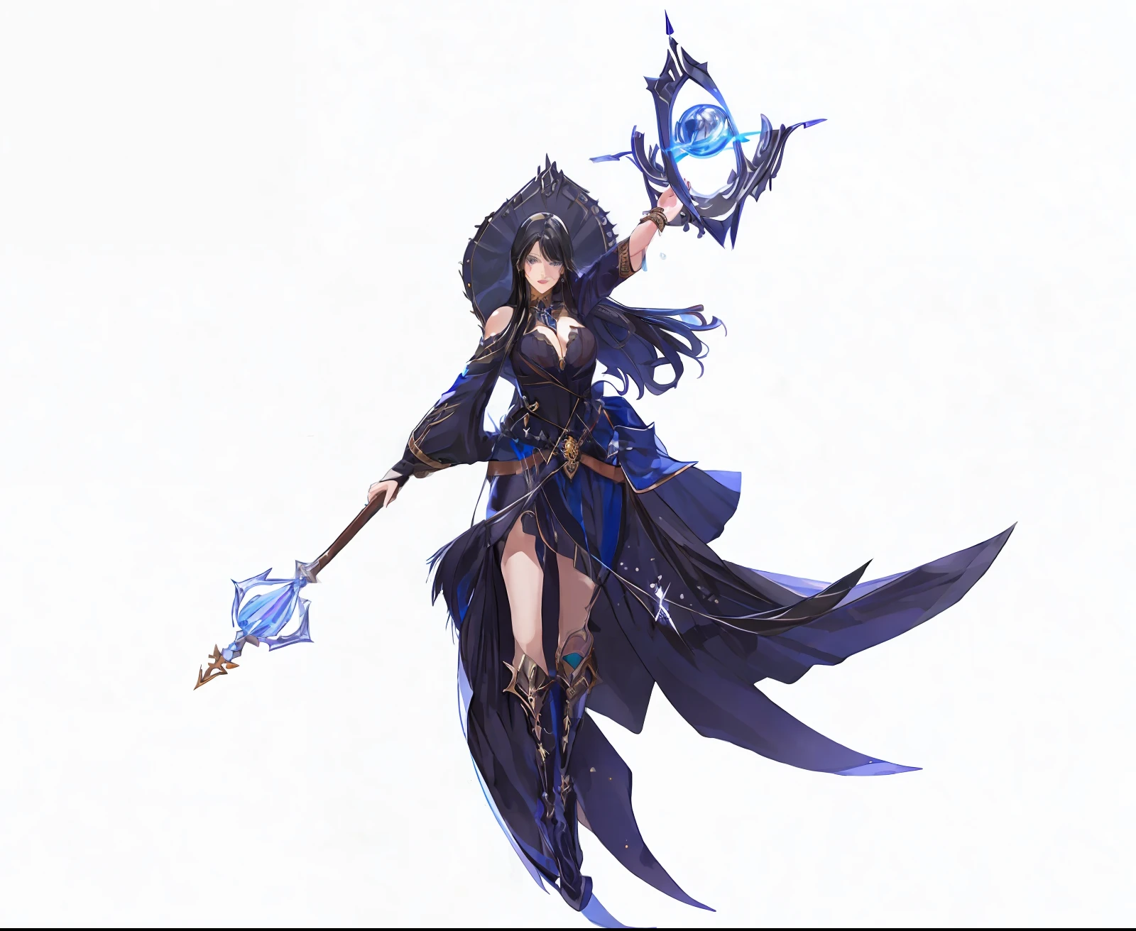 black hair, long hair, blue eyes, sorceress, solo, elegant jewelry, elegant accesory, adult, milf