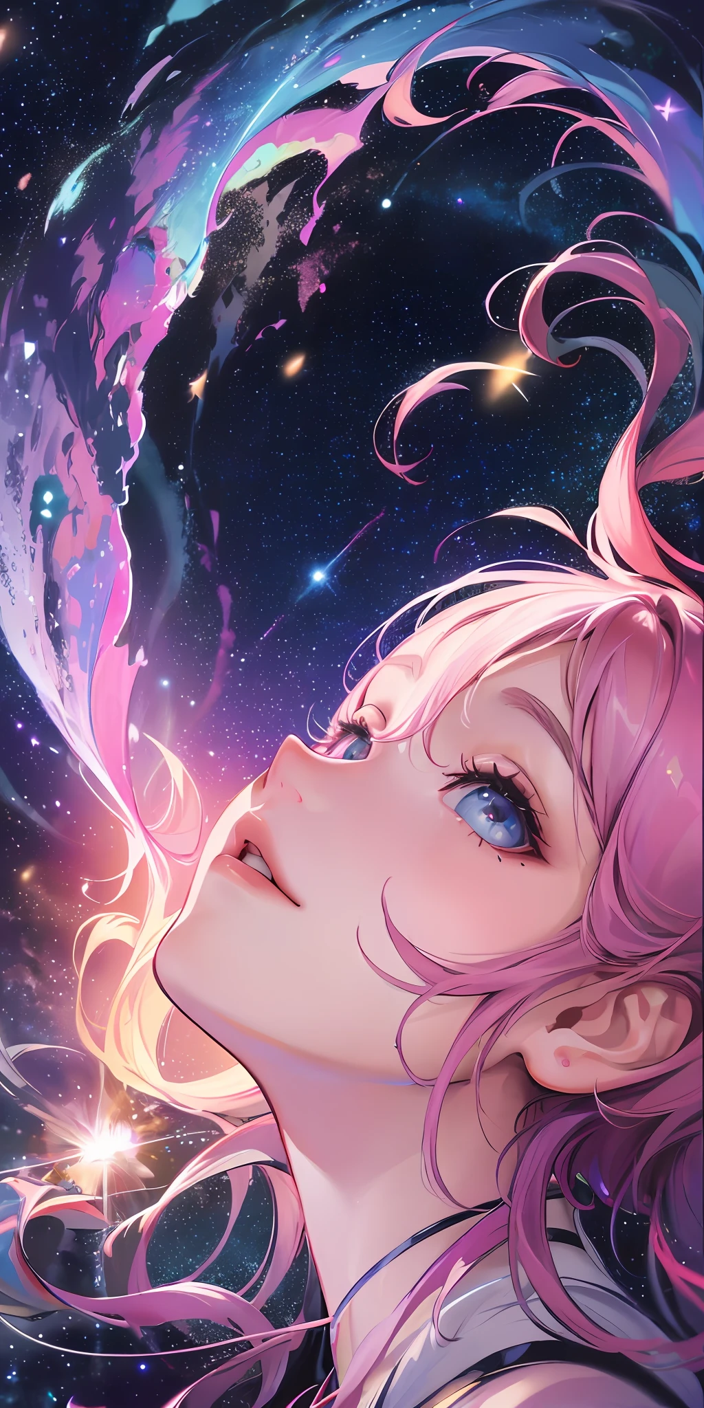 High detail, super detail, super high resolution, girl enjoying her time in the dream galaxy, surrounded by stars, warm light sprinkled on her, background is starry sky with colorful galaxies and galaxy clouds, stars flying around her, delicate face, adding playful atmosphere ,--v6
