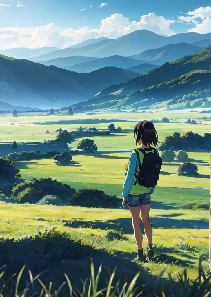 The vast sky, large grasslands, moving visual effects, colorful natural light, and a girl wearing a long-sleeved top and shorts with a backpack can be faintly seen in the distance in the middle of the meadow.