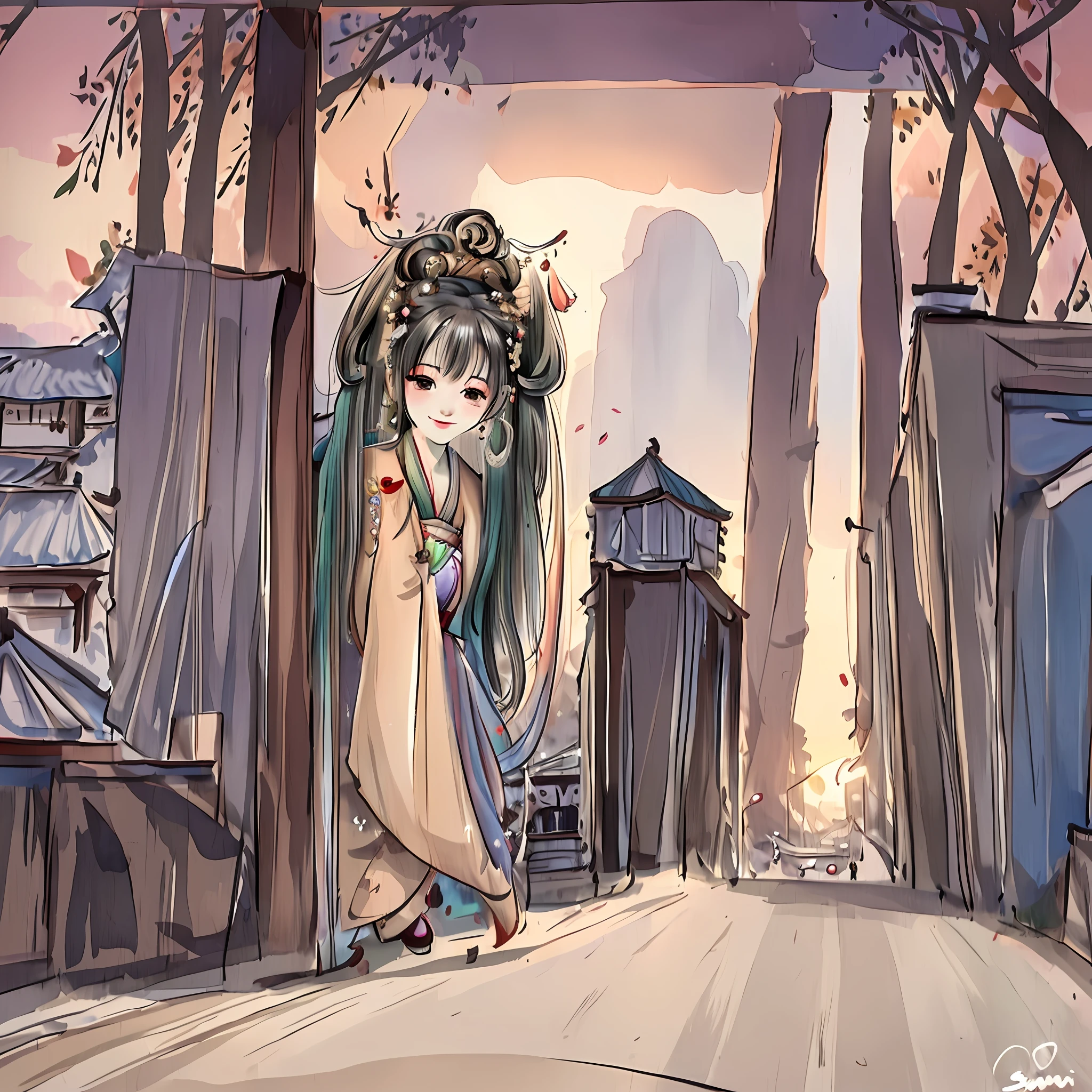 Original photo of a beautiful woman, smiling, dressed in a Tang costume, street, sunset, from ManuManu