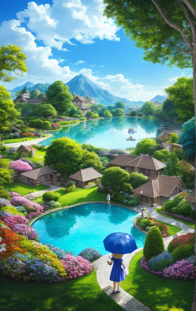 painting beautiful landscape with pool and house, anime countryside landscape, beautiful art UHD 4k, amazing wallpaper, detailed landscape — width 672, 4k highly detailed digital art, 4k hd wallpaper illustration, anime landscape wallpaper, landscape art detailed, beautiful wallpaper, amazing background, 4k detailed digital art, beautiful lake background, (((There is a little girl holding an umbrella and standing at the bottom of the picture)))