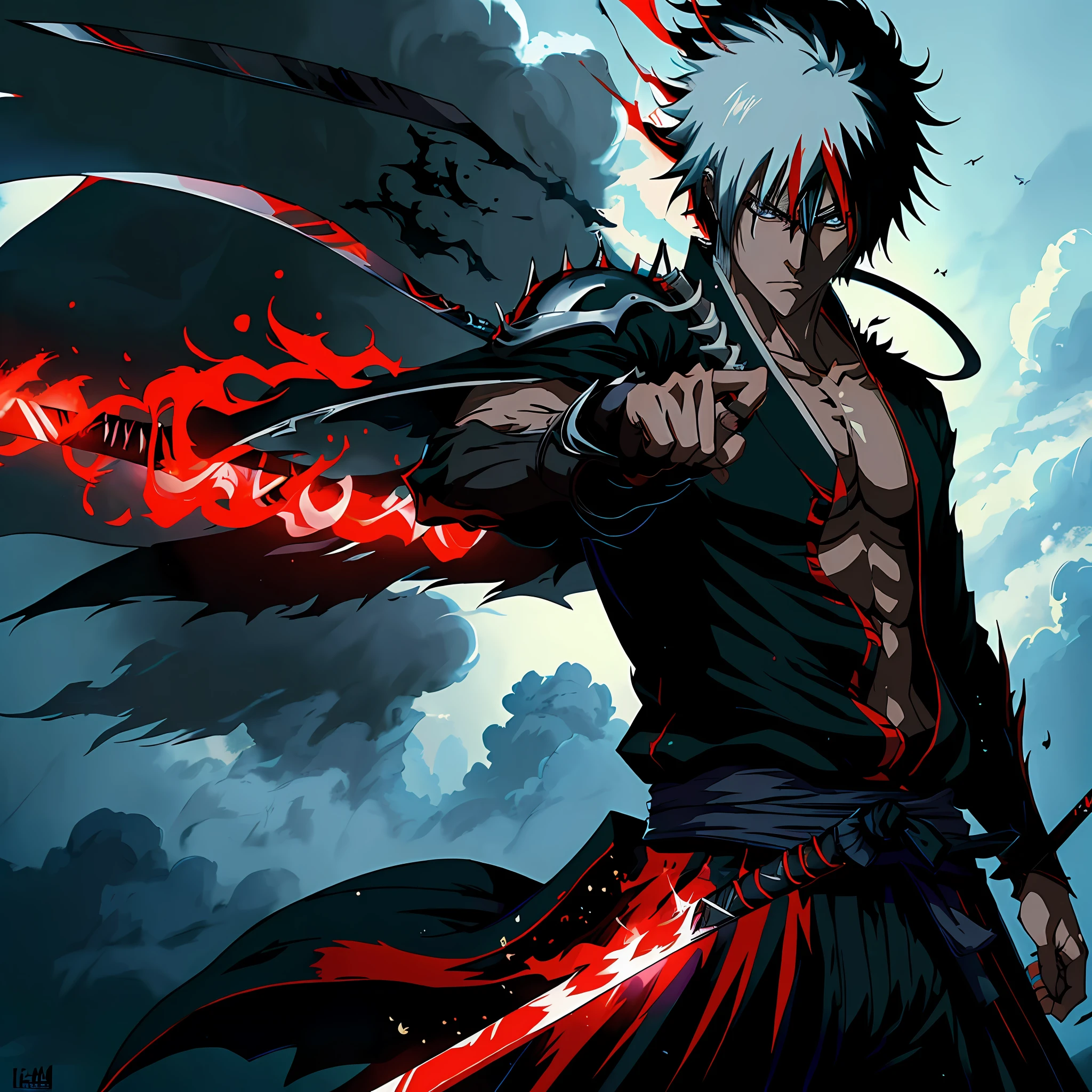 (masterpiece, best quality:1.2),1boy,solo, Ichigo kurosaki,holding a black katana,badass pose,bleach, powerful aura,red aura,8k,64k, HD, unparalleled masterpiece, dynamic lighting, cinematic, epic, highest quality digital art, Stunning art, wallpaper 4k