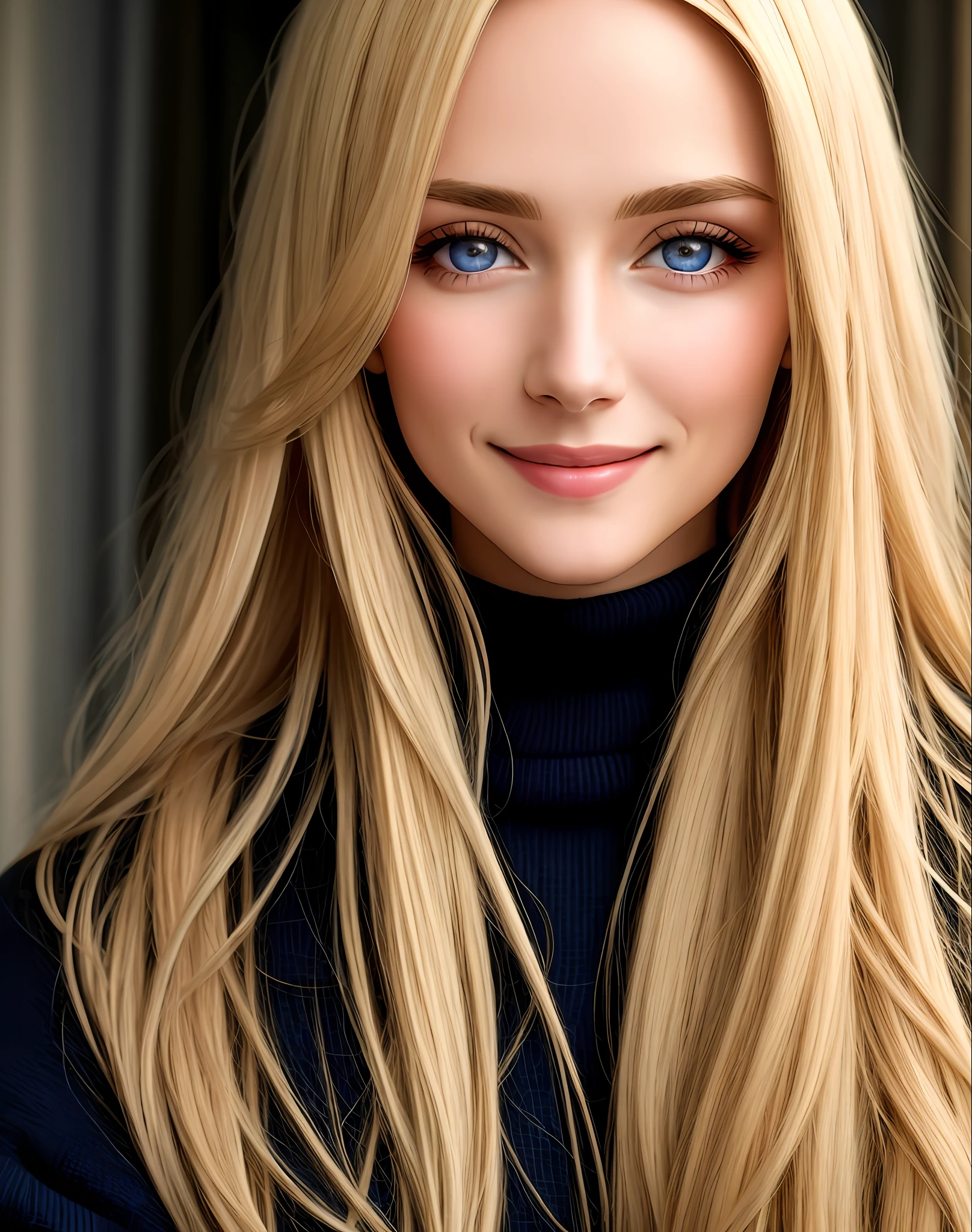 Masterpiece, absurdres,HDR ,highly detailed eyes and face,smiling, beautiful nod_woman, a woman with long blonde hair and a black sweater ,perfect nod_body,perfect nod_face,
