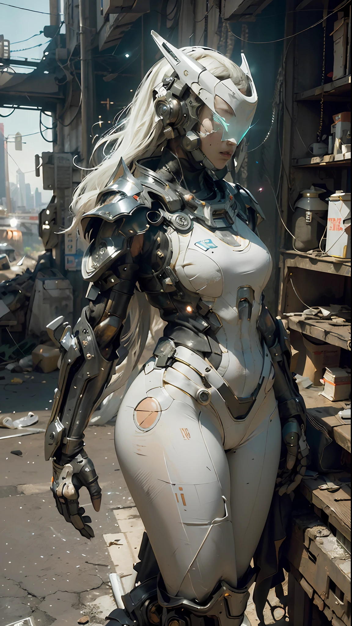 ((best quality)), ((masterpiece)), ((realistic)), (detailed), (photorealistic:1.5), a futuristic girl, (thick body), (white bodysuit), lights on armor, cybernetic headwear, looking at viewer, dynamic pose, post apocalyptic, destroyed city background, buildings on fire, science fiction, hdr, ray tracing, nvidia rtx, super-resolution, unreal 5, subsurface scattering, pbr texturing, post-processing, anisotropic filtering, depth of field, maximum clarity and sharpness, rule of thirds, 8k raw, (luminescent particles:1.4), (extremely detailed cg, unity 8k wallpaper, 3d, cinematic lighting, lens flare), reflections, sharp focus, cyberpunk art, cyberpunk architecture,