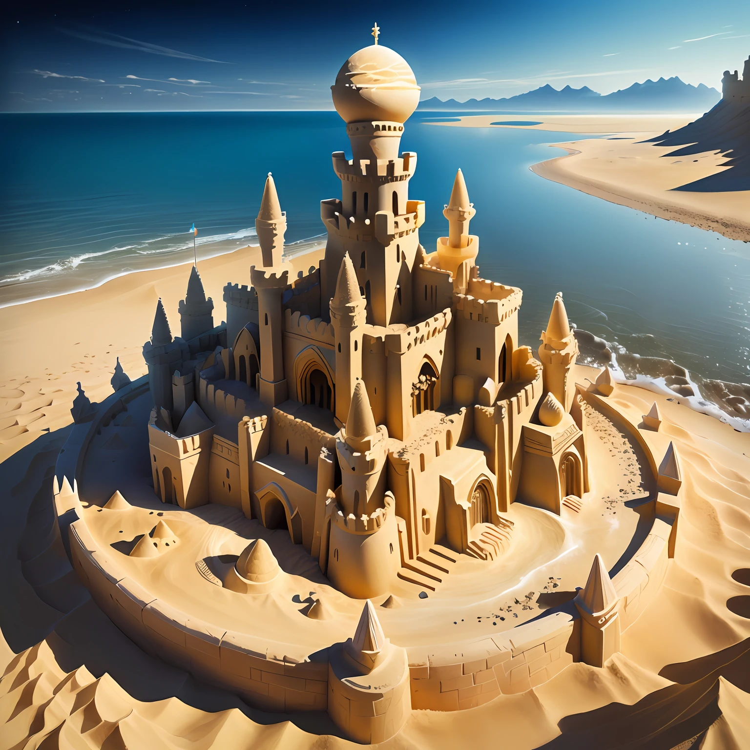 hyper realistic sandcastle planet with moats