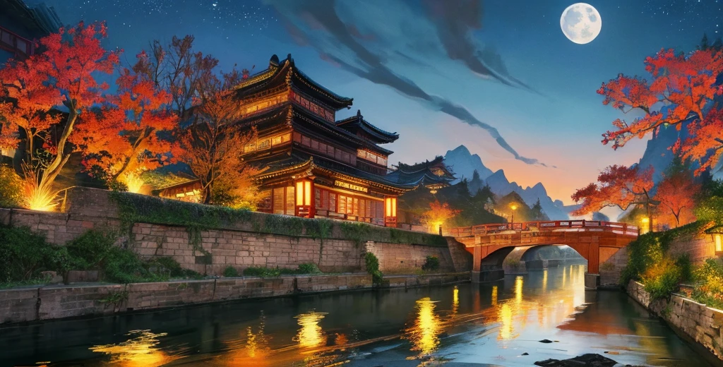 Official Art, Ancient Chinese Scenery, (Street), (River), (Small Bridge), (Midnight), (Moon), (Flower), Lighting, Beautiful Scenery, Realistic Lighting, Masterpiece, High Quality, Beautiful Graphics , high detail, epic landscape