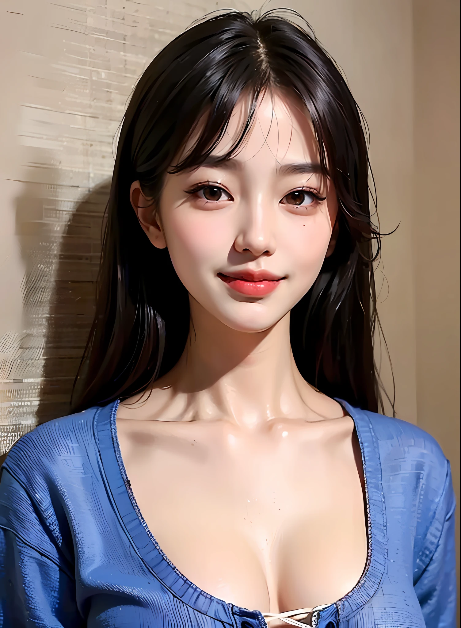 korean woman, (masterpiece, pretty person, polluted smile), virtual youtube, detailed skin texture, detailed cloth texture, beautifully detailed face, masterpiece, collarbone,