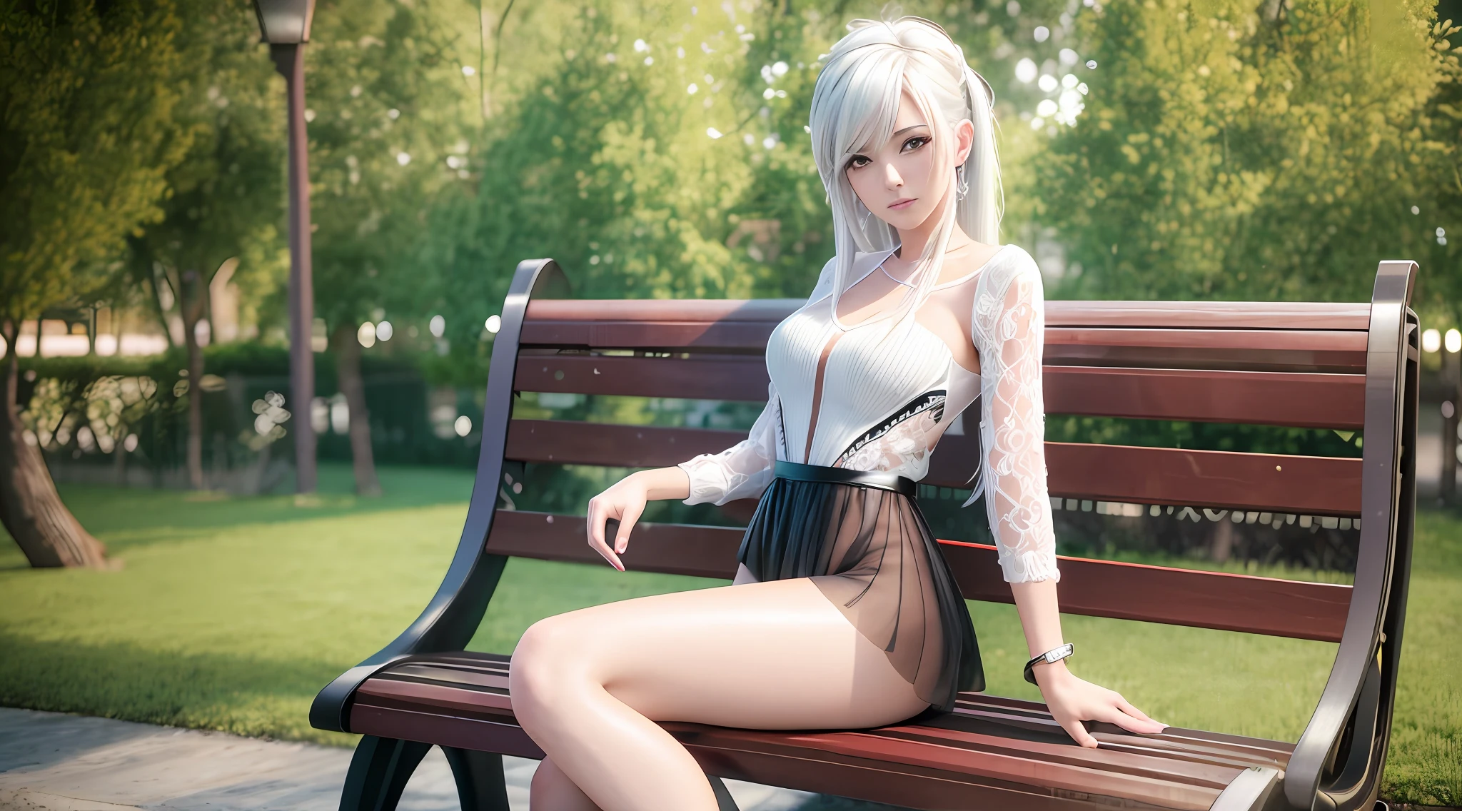 there is a woman sitting on a bench in front of a heart shaped fence, realistic anime 3 d style, trending on cgstation, anime styled 3d, anime style. 8k, 3 d anime realistic, trending at cgstation, anime girl cosplay, 🌺 cgsociety, anime inspired, tifa lockhart with white hair, 8k artgerm bokeh