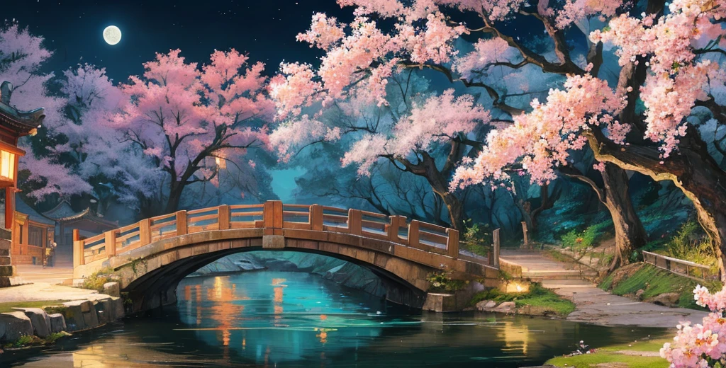 Official Art, Ancient Chinese Scenery, (Street), (River), (Small Bridge), (Midnight), (Moon), (Flower), Lighting, Beautiful Scenery, Realistic Lighting, Masterpiece, High Quality, Beautiful Graphics , high detail, epic landscape