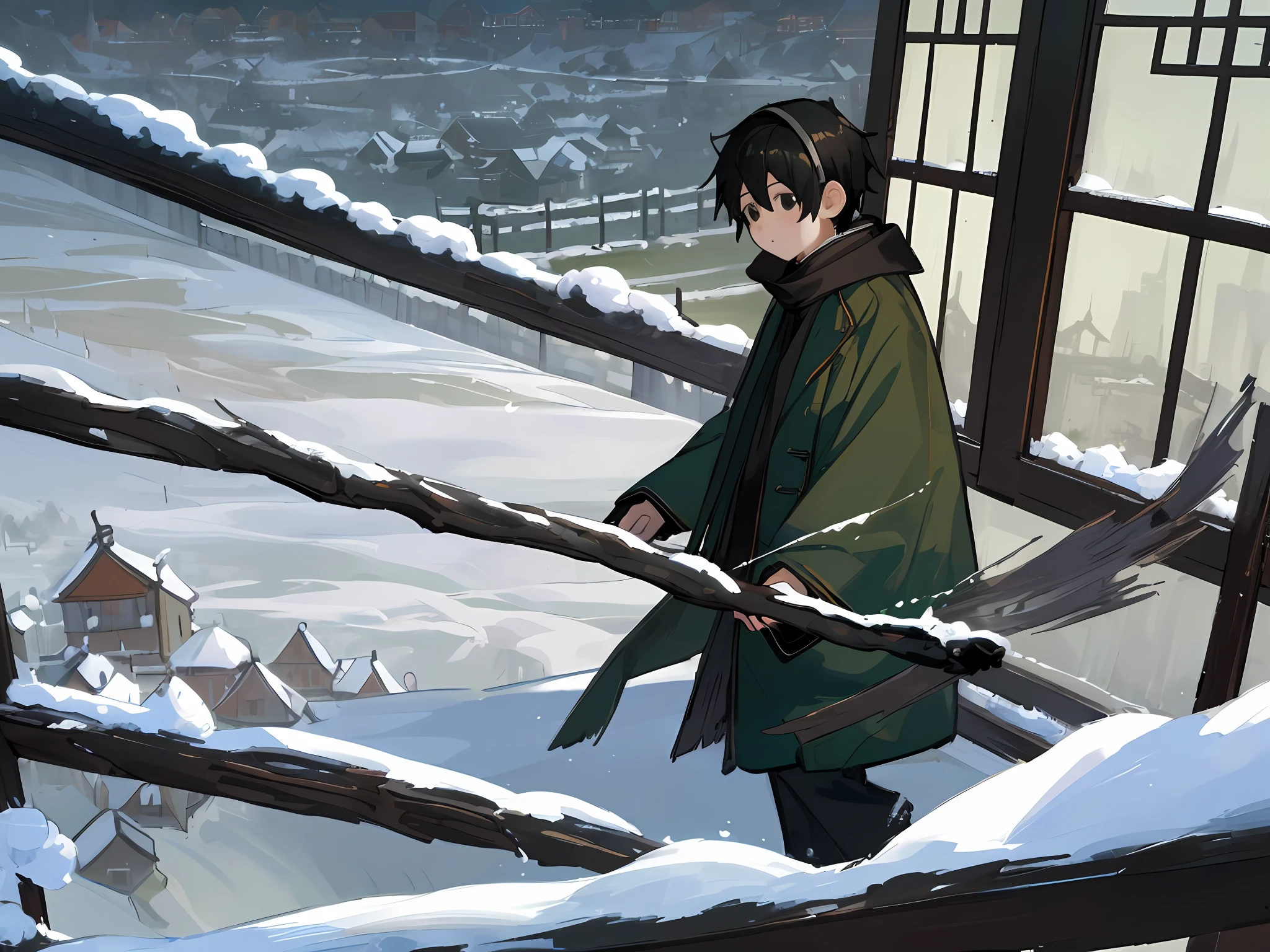 8k, masterpiece, high quality, a boy, black hair and black eyes, oil painting, Q version, green long sleeve cotton coat, Chinese children's clothing, wearing scarf, cotton earmuffs, snow day, tiptoe, cleaning windows with a broom