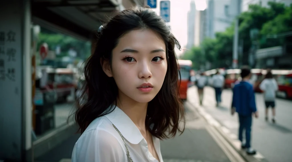 there is a woman standing on the side of the street, a young asian woman, photo of a beautiful woman, japanese model, a beautiful young woman, 50mm portrait, 60mm portrait, a cute young woman, chinese girl, an asian woman, color photograph portrait 4k, soft portrait shot 8 k, beautiful young korean woman