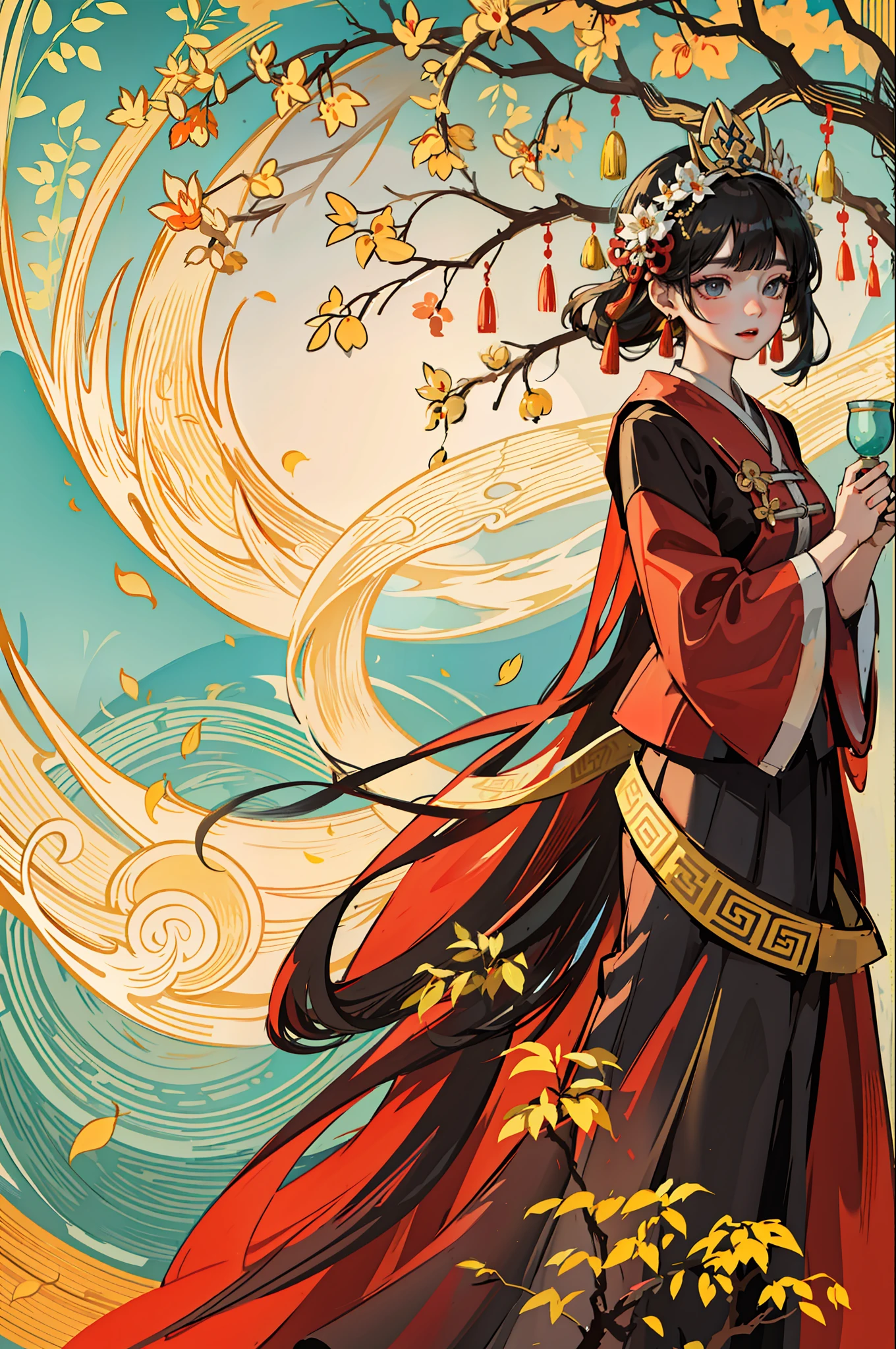 An ancient Chinese beauty standing under an osmanthus tree, charming temperament, flowing long skirt, clear face, beautiful eyes, osmanthus falling, masterpiece, super detailed, epic composition, super HD, high quality, extremely detailed, official art, unified 8k wallpaper, super detailed, 32k --v 6